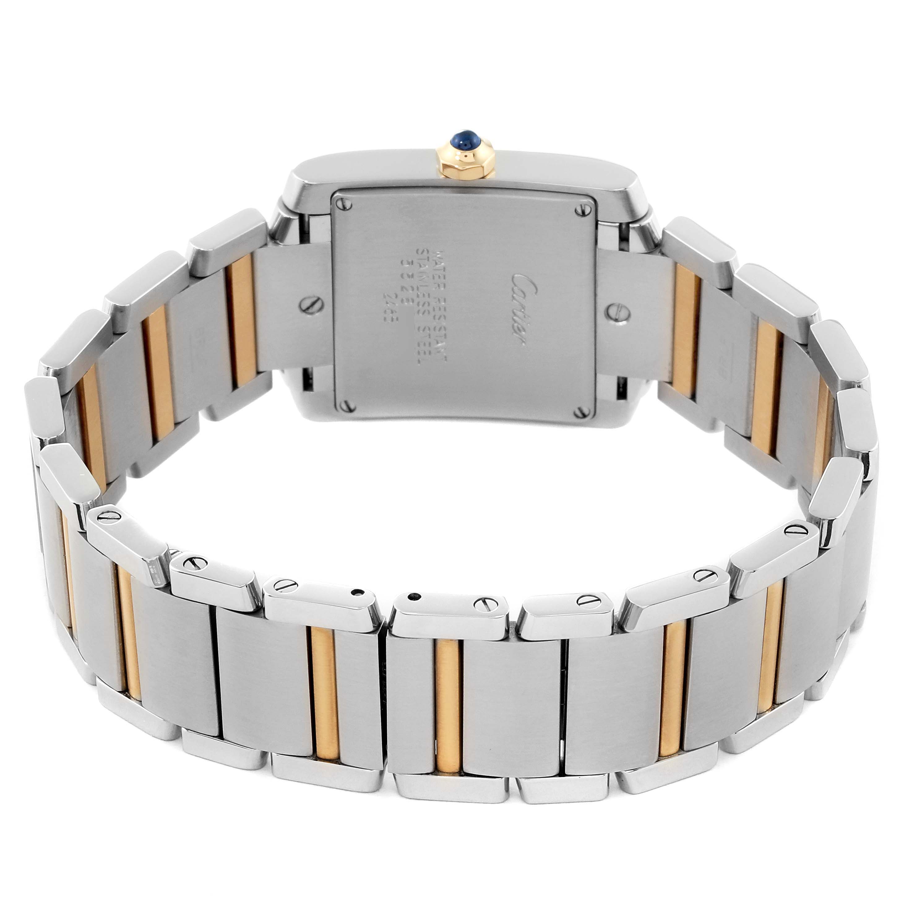 The image shows the back view of a Cartier Tank Francaise W51012Q4 Women's Steel and Gold (two tone) Silver Dial W51012Q4 Women's Steel and Gold (two tone) Silver Dial watch, focusing on the stainless steel and gold bracelet and case back.