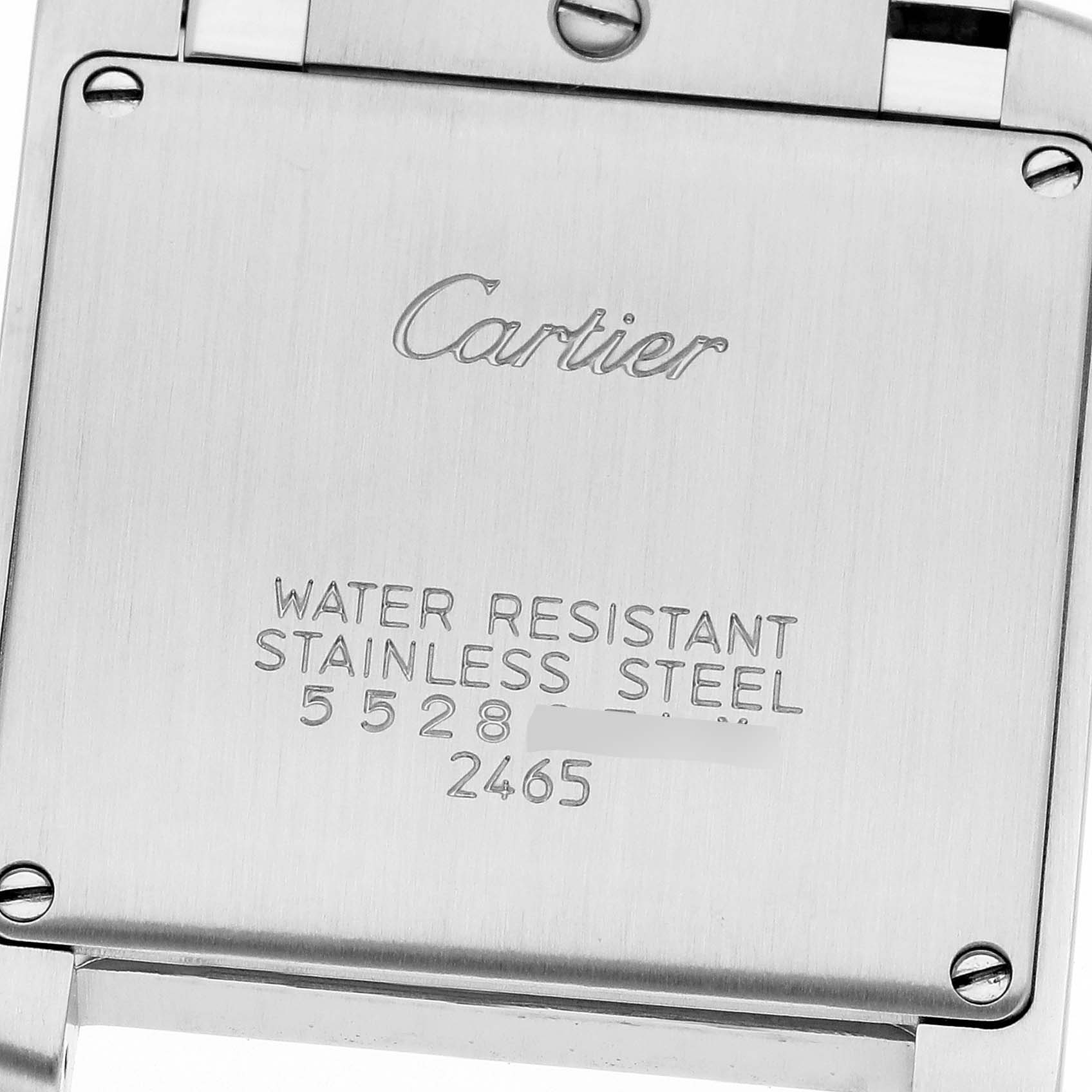 This image shows the back case of the Cartier Tank Francaise W51012Q4 Women's Steel and Gold (two tone) Silver Dial W51012Q4 Women's Steel and Gold (two tone) Silver Dial watch, highlighting its water-resistant and stainless steel properties.