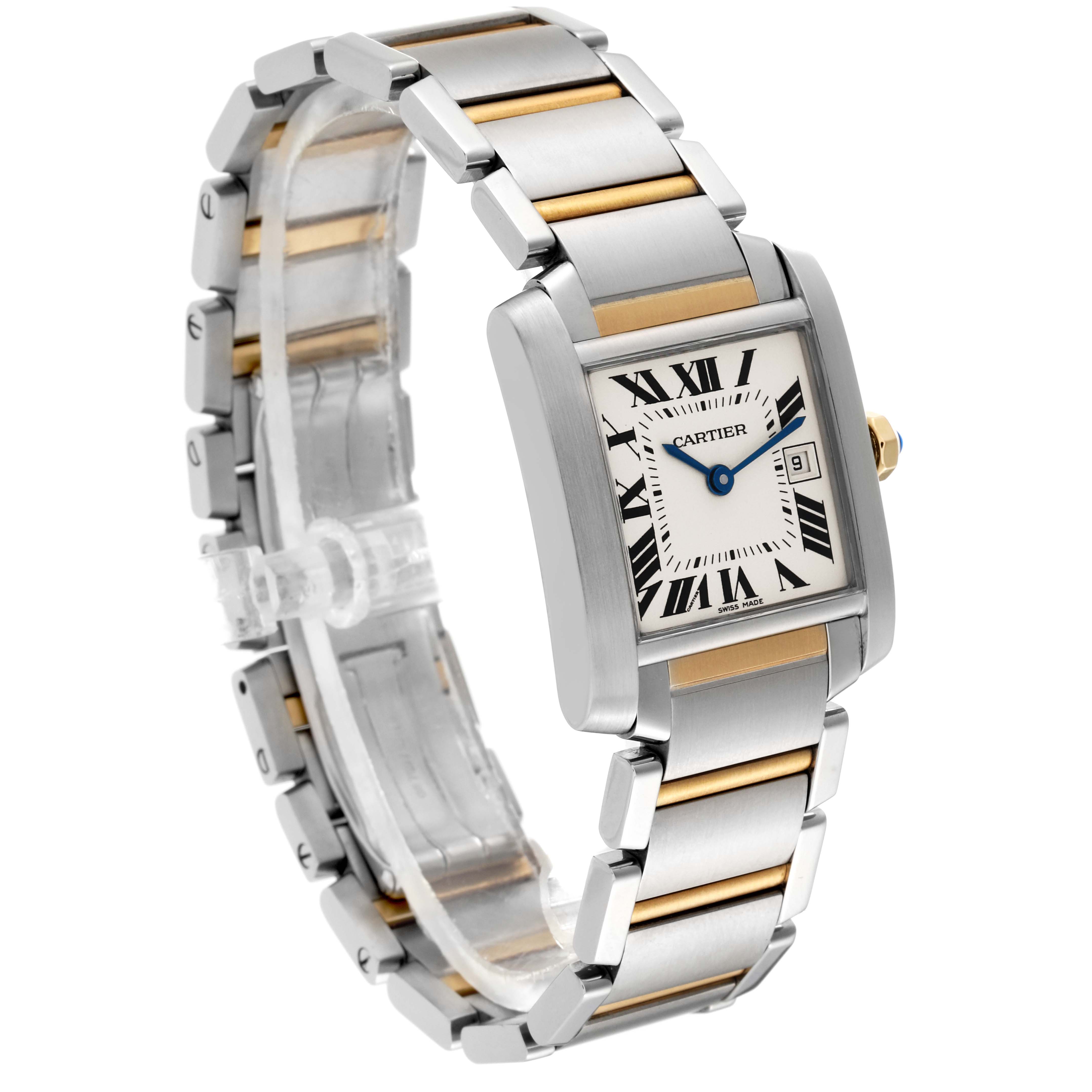 The image shows a Cartier Tank Francaise W51012Q4 Women's Steel and Gold (two tone) Silver Dial W51012Q4 Women's Steel and Gold (two tone) Silver Dial watch from a three-quarter angle, highlighting its face, bezel, and bracelet.