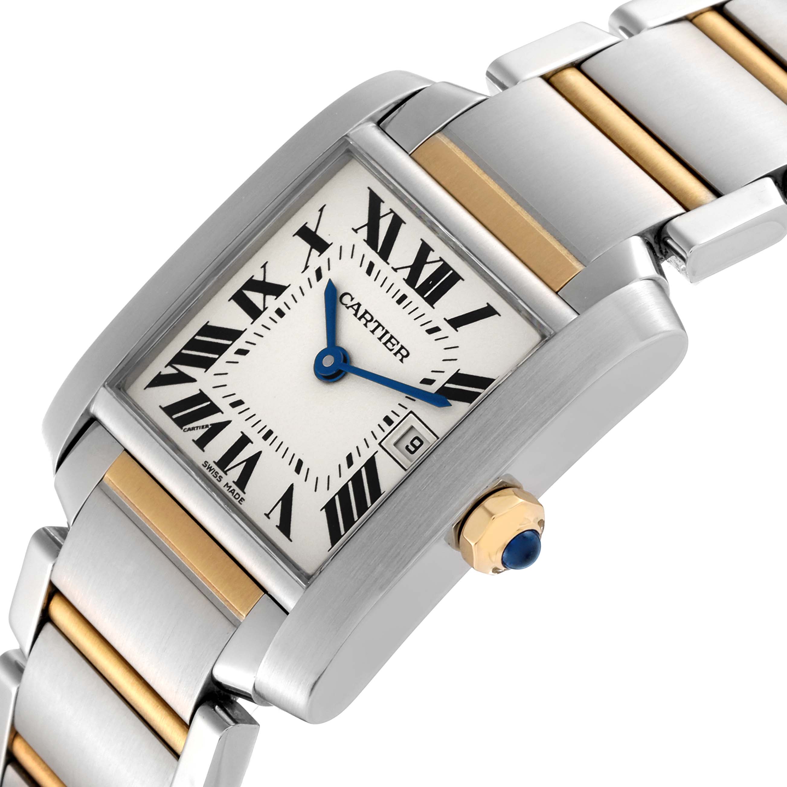 The image shows a close-up angled view of the Cartier Tank Francaise W51012Q4 Women's Steel and Gold (two tone) Silver Dial W51012Q4 Women's Steel and Gold (two tone) Silver Dial watch, highlighting the face, crown, and part of the bracelet.