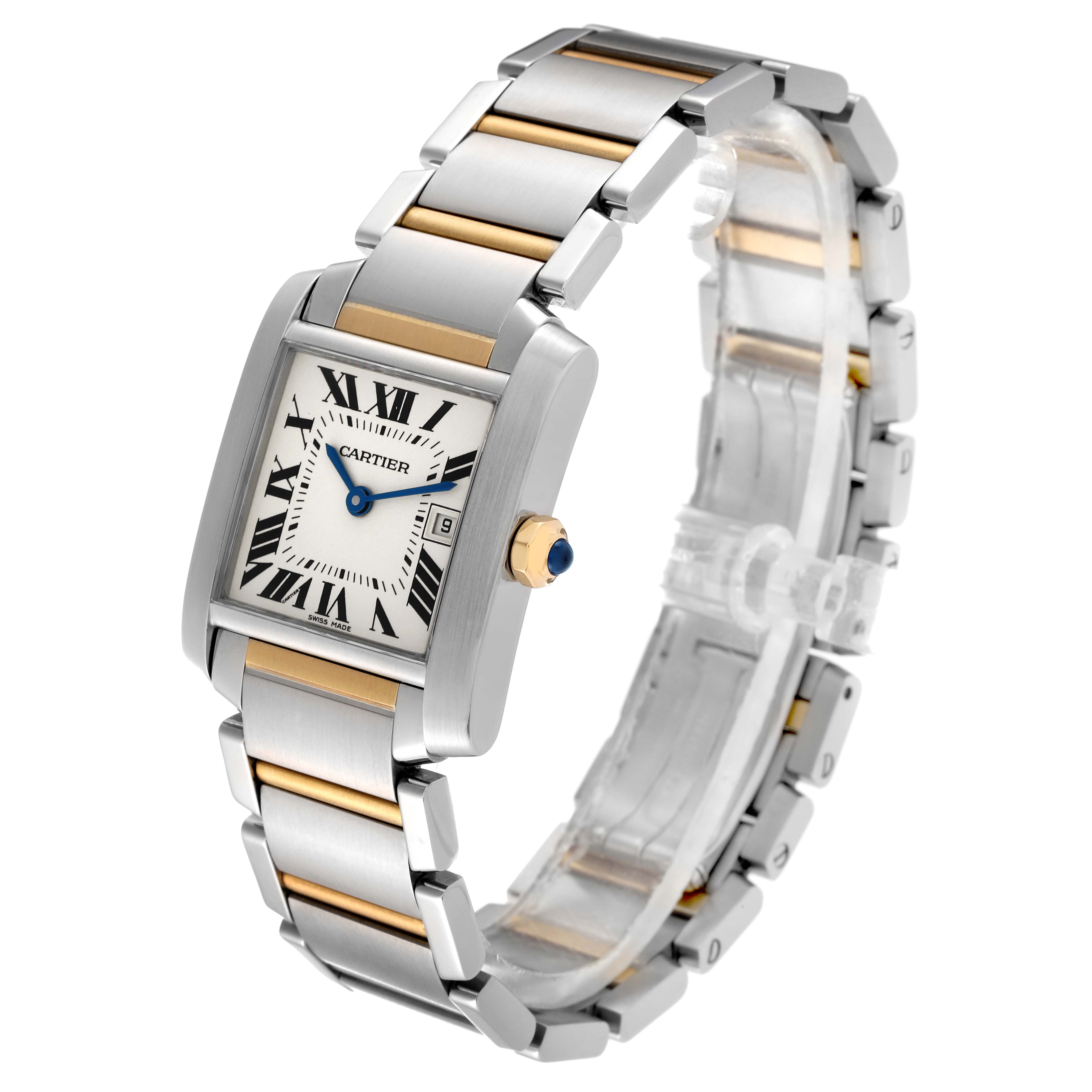 The Cartier Tank Francaise W51012Q4 Women's Steel and Gold (two tone) Silver Dial W51012Q4 Women's Steel and Gold (two tone) Silver Dial watch is shown at an angle displaying the face, dial, crown, and full bracelet.