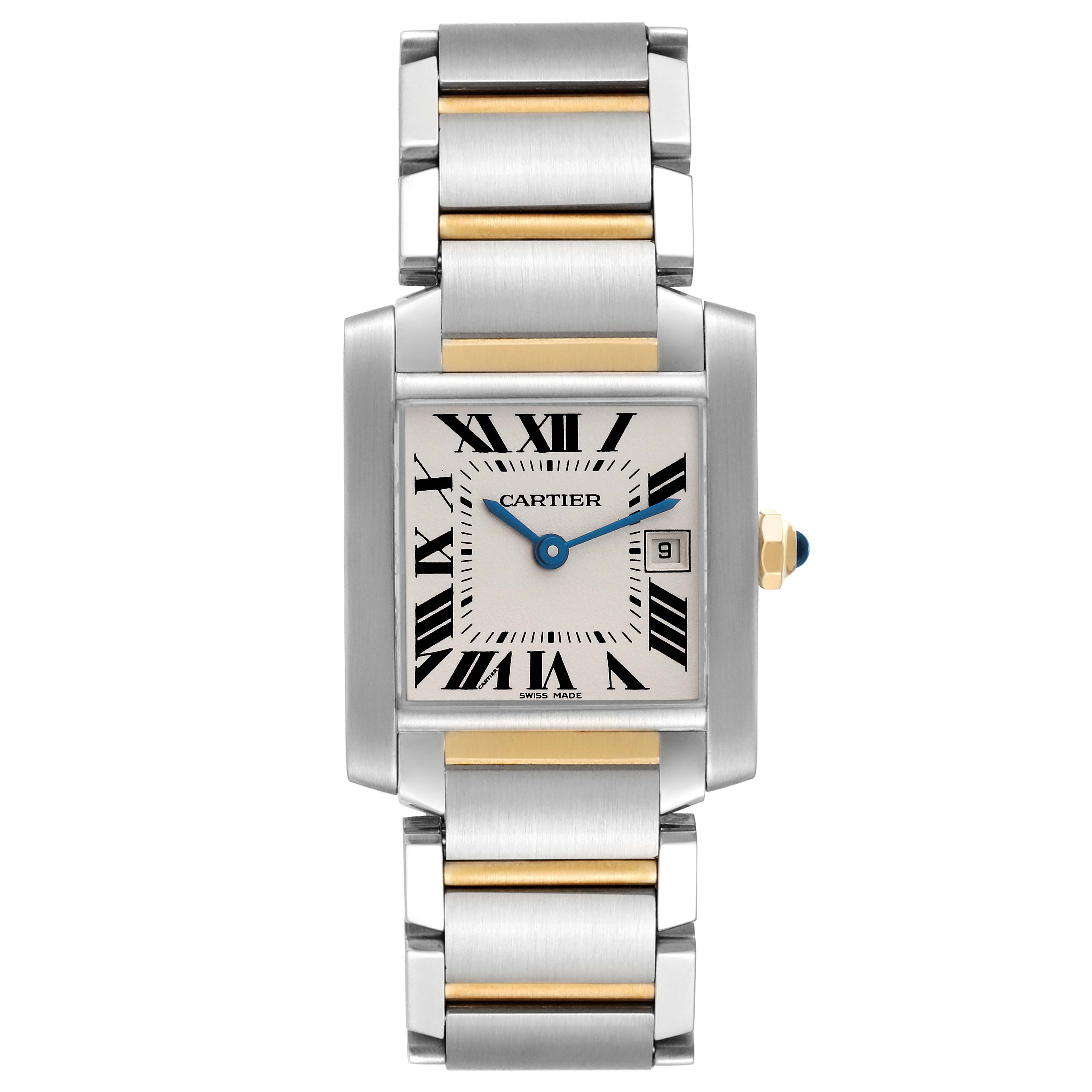The image shows a frontal view of the Cartier Tank Francaise W51012Q4 Women's Steel and Gold (two tone) Silver Dial W51012Q4 Women's Steel and Gold (two tone) Silver Dial watch, displaying its face, bezel, crown, and bracelet.
