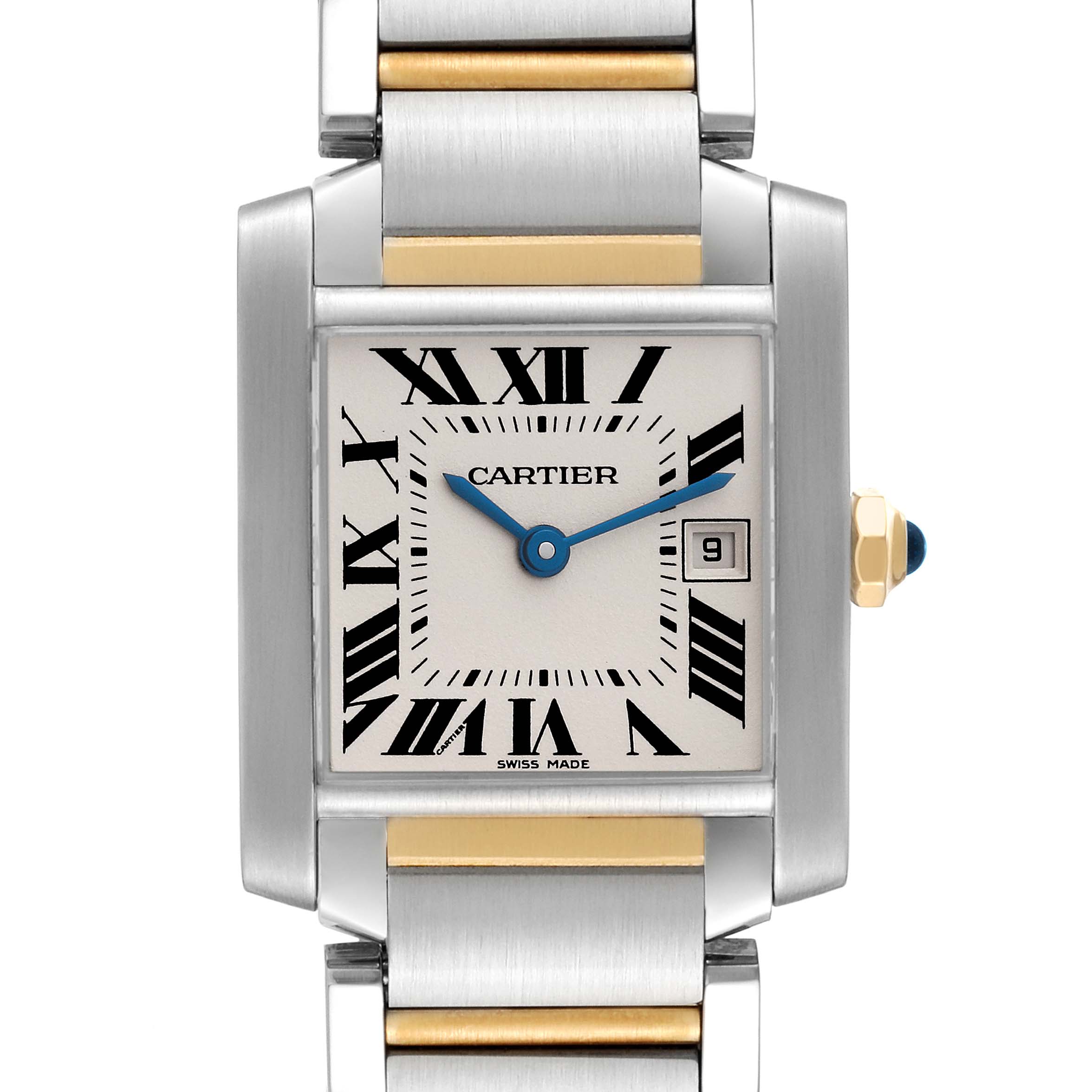 This image shows a frontal view of the Cartier Tank Francaise W51012Q4 Women's Steel and Gold (two tone) Silver Dial W51012Q4 Women's Steel and Gold (two tone) Silver Dial watch, featuring its face, Roman numeral markers, and part of its bracelet.
