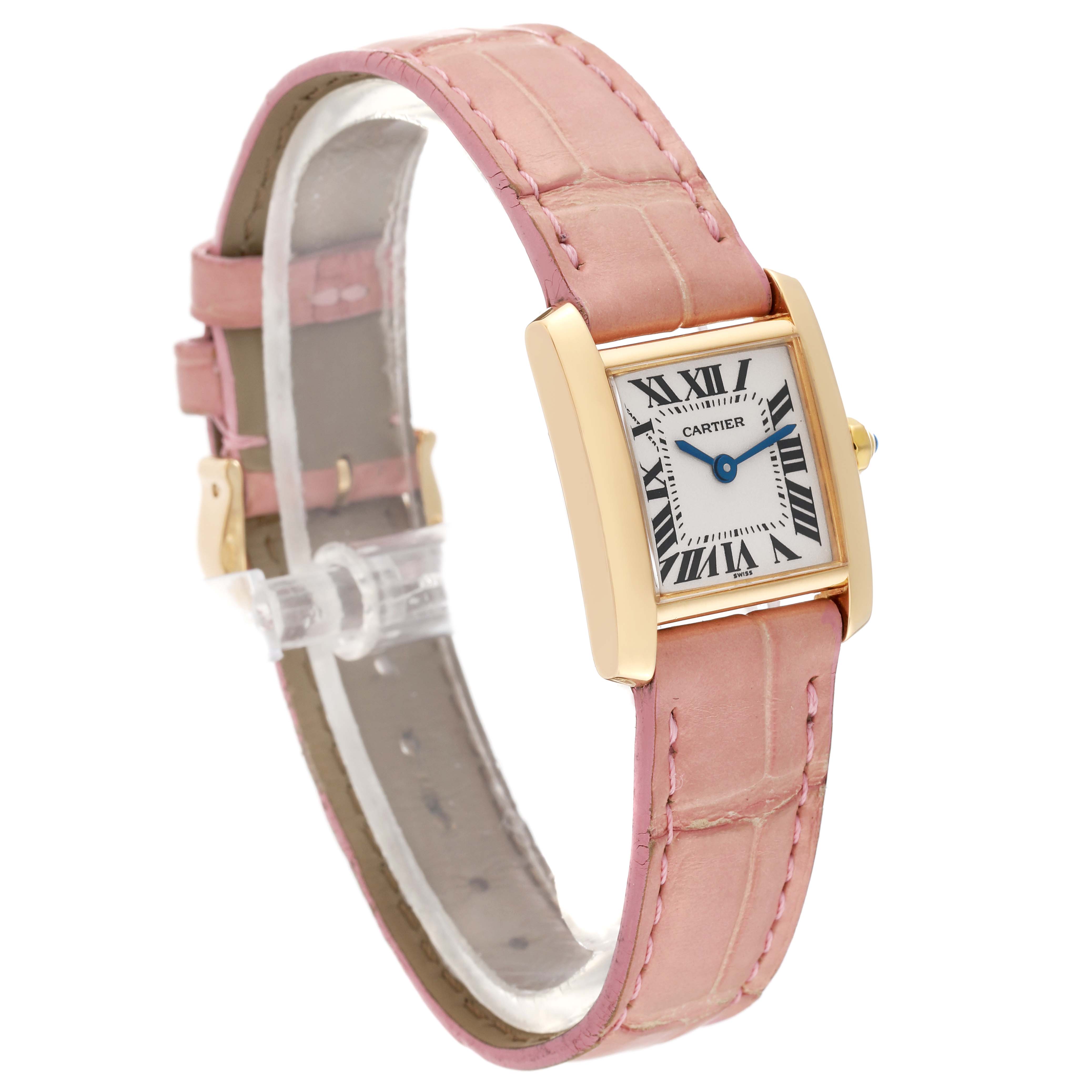 The image shows a Cartier Tank Française watch at a three-quarter angle, highlighting its pink leather strap and rectangular gold case.