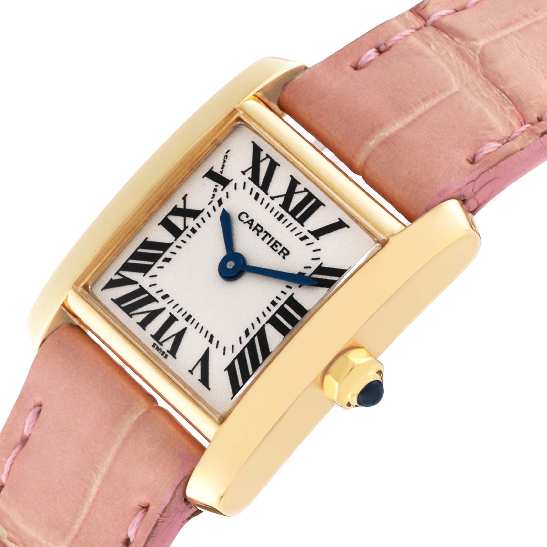 The Cartier Tank Francaise W5000256 Women
s Yellow Gold Silver Dial W5000256 Women
s Yellow Gold Silver Dial watch is shown at an angle highlighting its rectangular face, gold case, and pink leather strap.