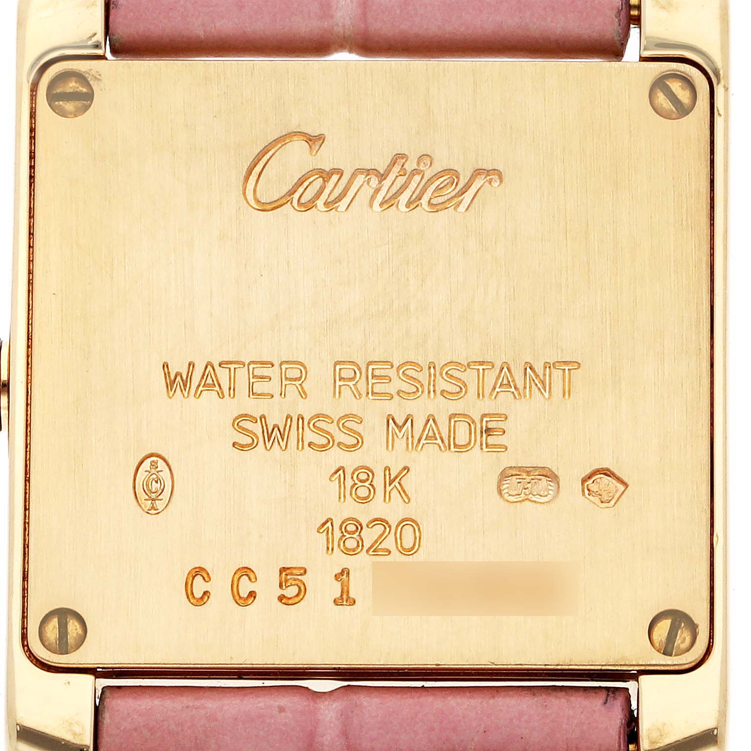 This image shows the back of a Cartier Tank Francaise W5000256 Women
s Yellow Gold Silver Dial W5000256 Women
s Yellow Gold Silver Dial watch, revealing its water resistance, Swiss origin, and material details.