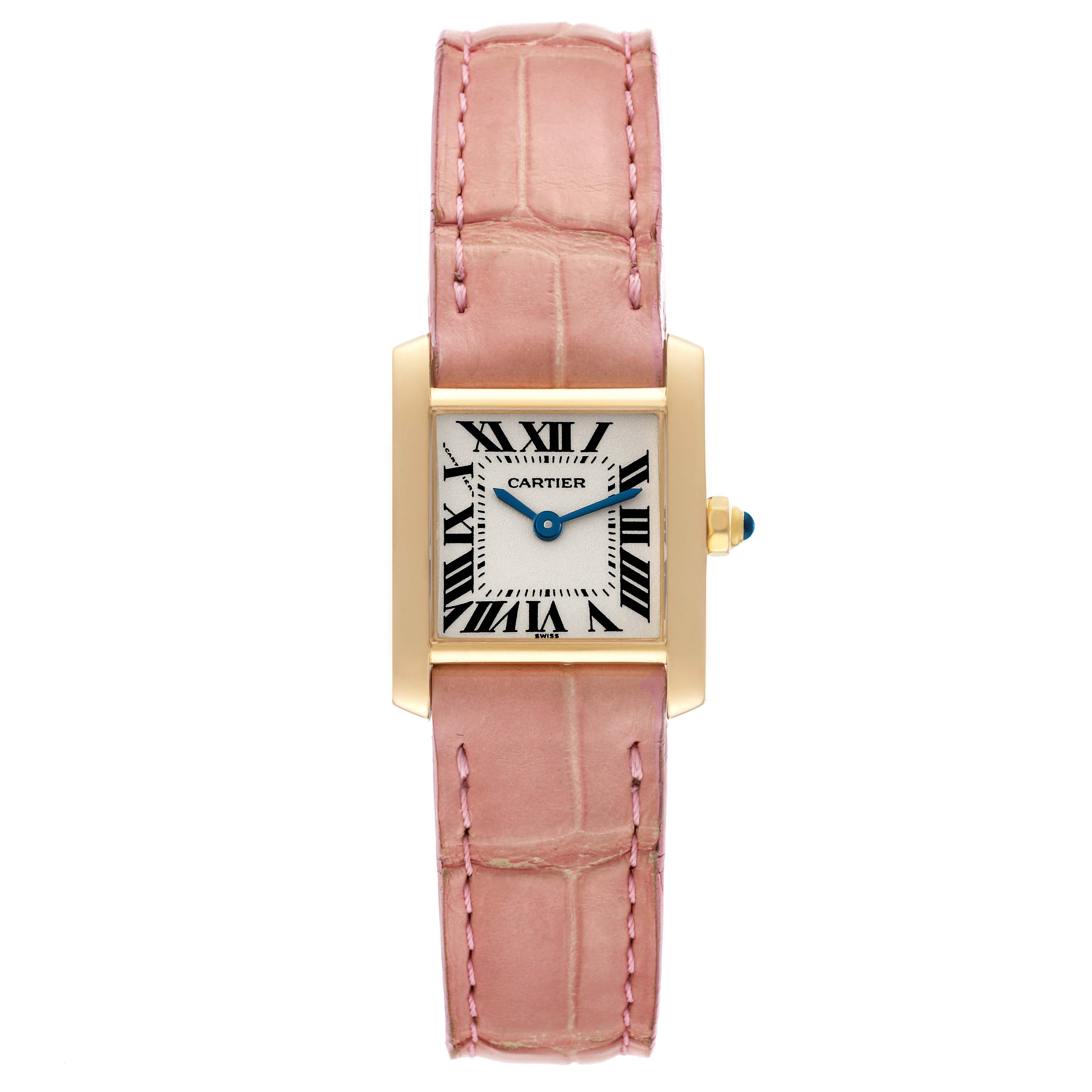The image shows a Cartier Tank Française watch from a front angle, displaying the dial, case, and pink leather strap.