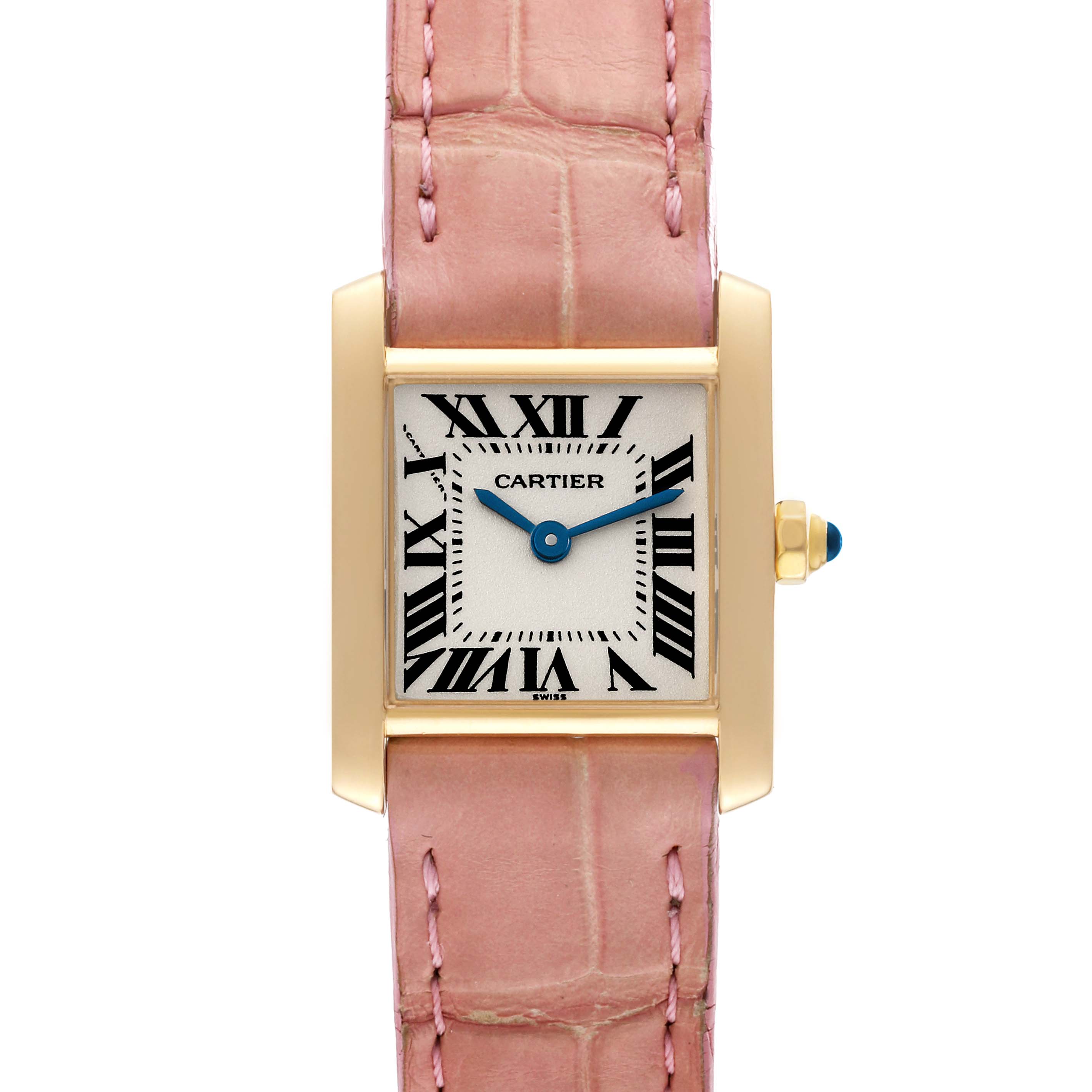 Front view of the Cartier Tank Francaise W5000256 Women
s Yellow Gold Silver Dial W5000256 Women
s Yellow Gold Silver Dial watch, showcasing its face, dial, pink strap, and crown.