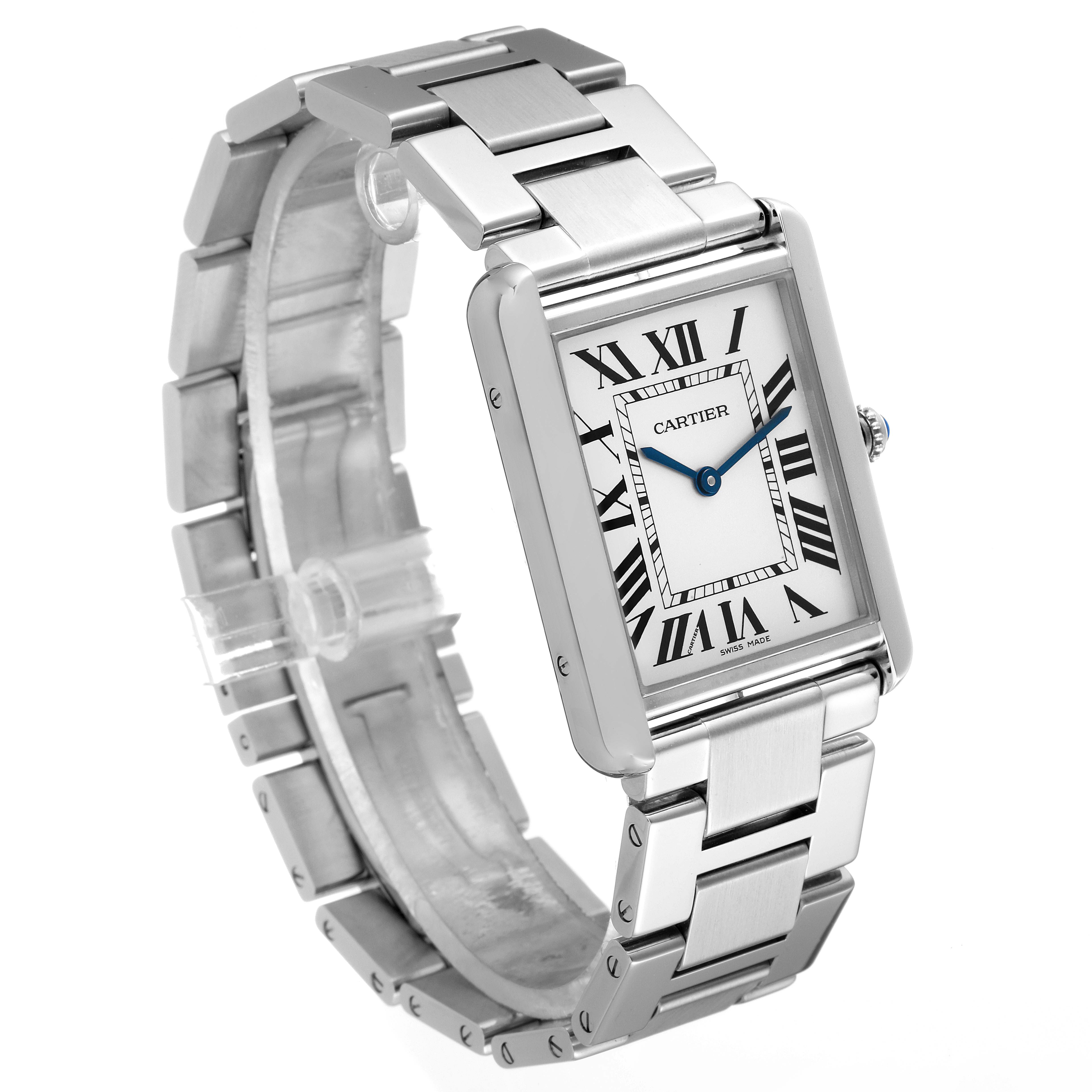 The image shows a Cartier Tank Solo W5200014 Men's Stainless Steel Silver Dial W5200014 Men's Stainless Steel Silver Dial watch angled slightly to show its face, bracelet, and side profile.