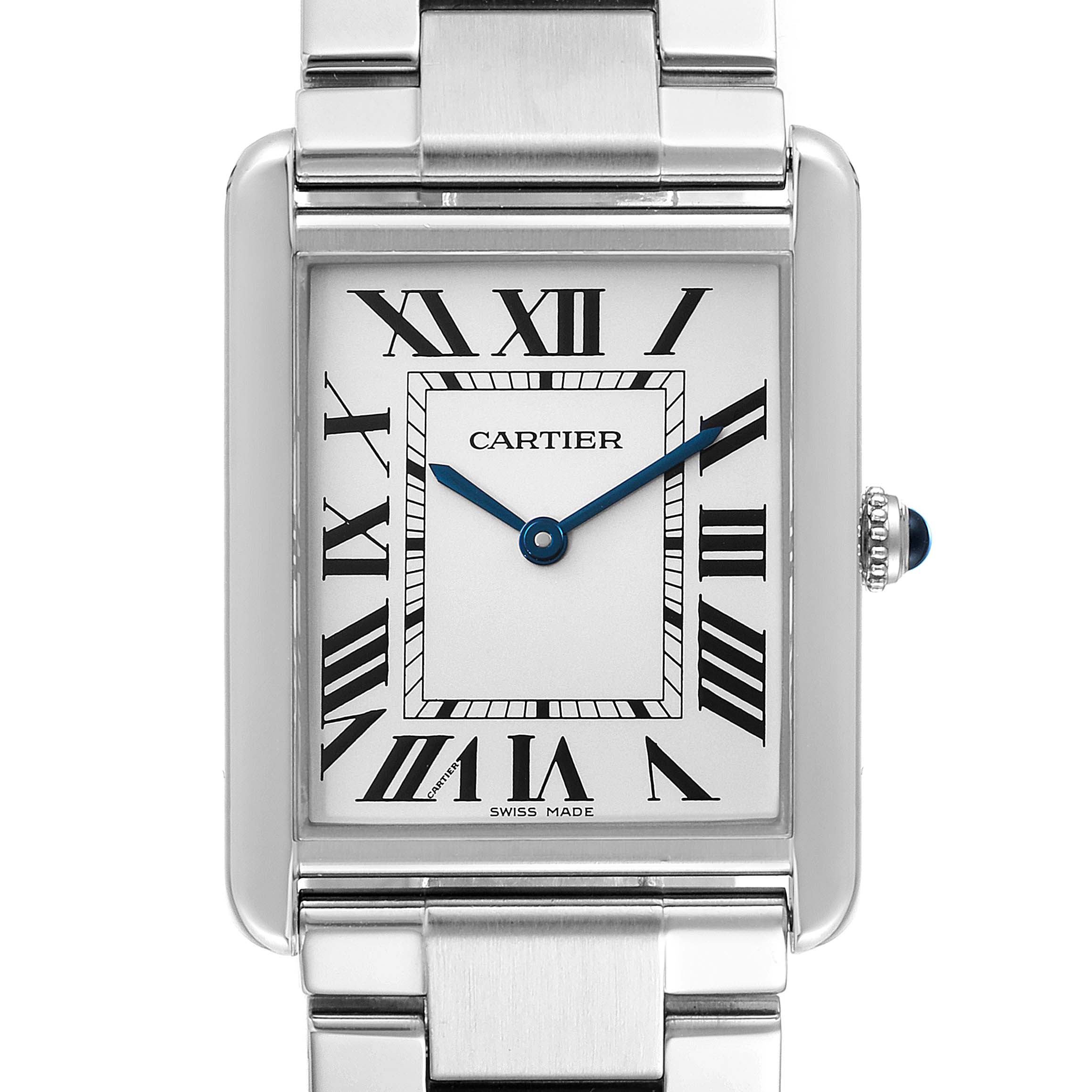 The image shows a close-up front view of the Cartier Tank Solo W5200014 Men's Stainless Steel Silver Dial W5200014 Men's Stainless Steel Silver Dial watch's face and part of the bracelet.