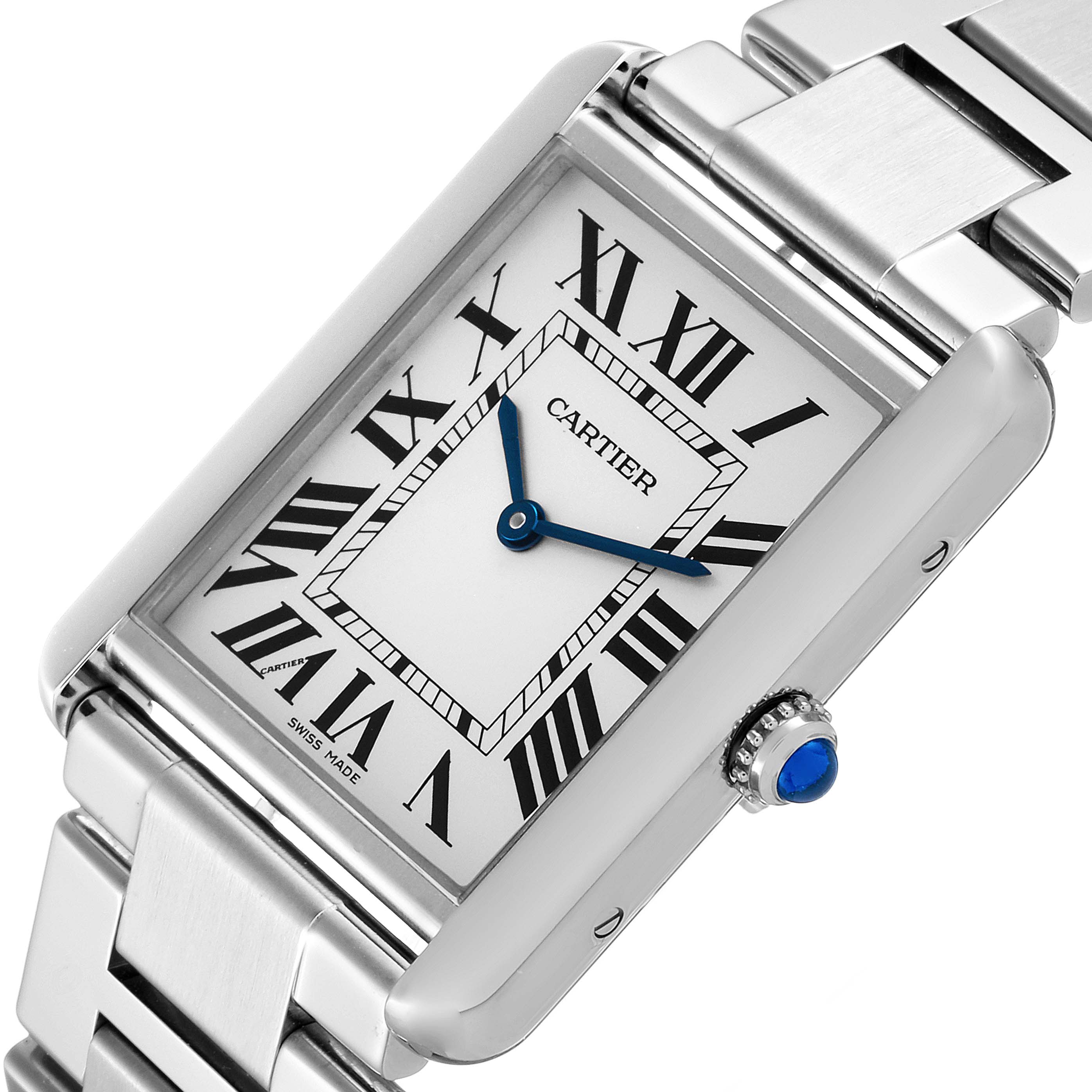 The image shows a close-up view of the Cartier Tank Solo W5200014 Men's Stainless Steel Silver Dial W5200014 Men's Stainless Steel Silver Dial watch, displaying its face, bracelet, and crown.
