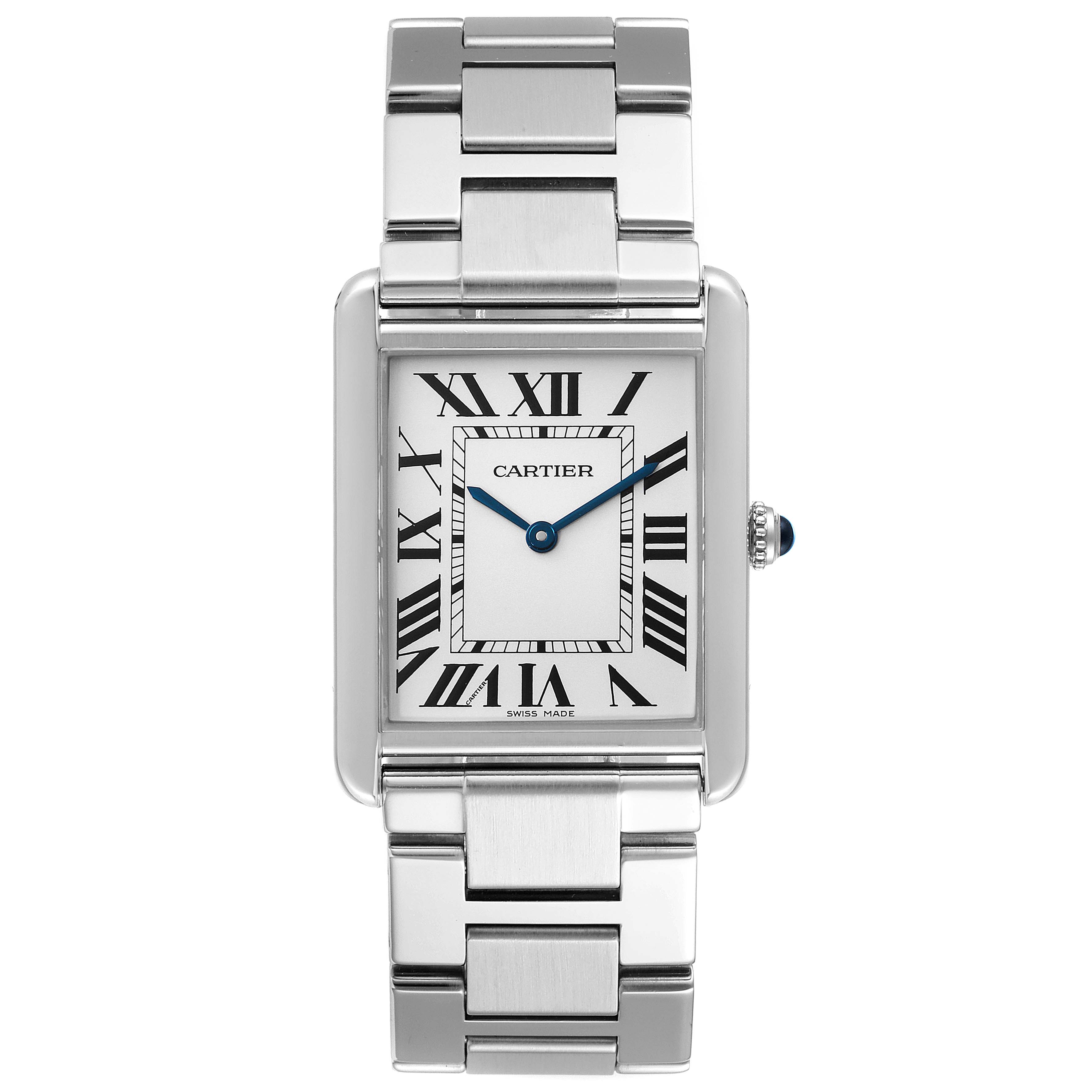 The Cartier Tank Solo W5200014 Men's Stainless Steel Silver Dial W5200014 Men's Stainless Steel Silver Dial watch is shown from a top-down angle, displaying its rectangular face, Roman numerals, and metal bracelet.