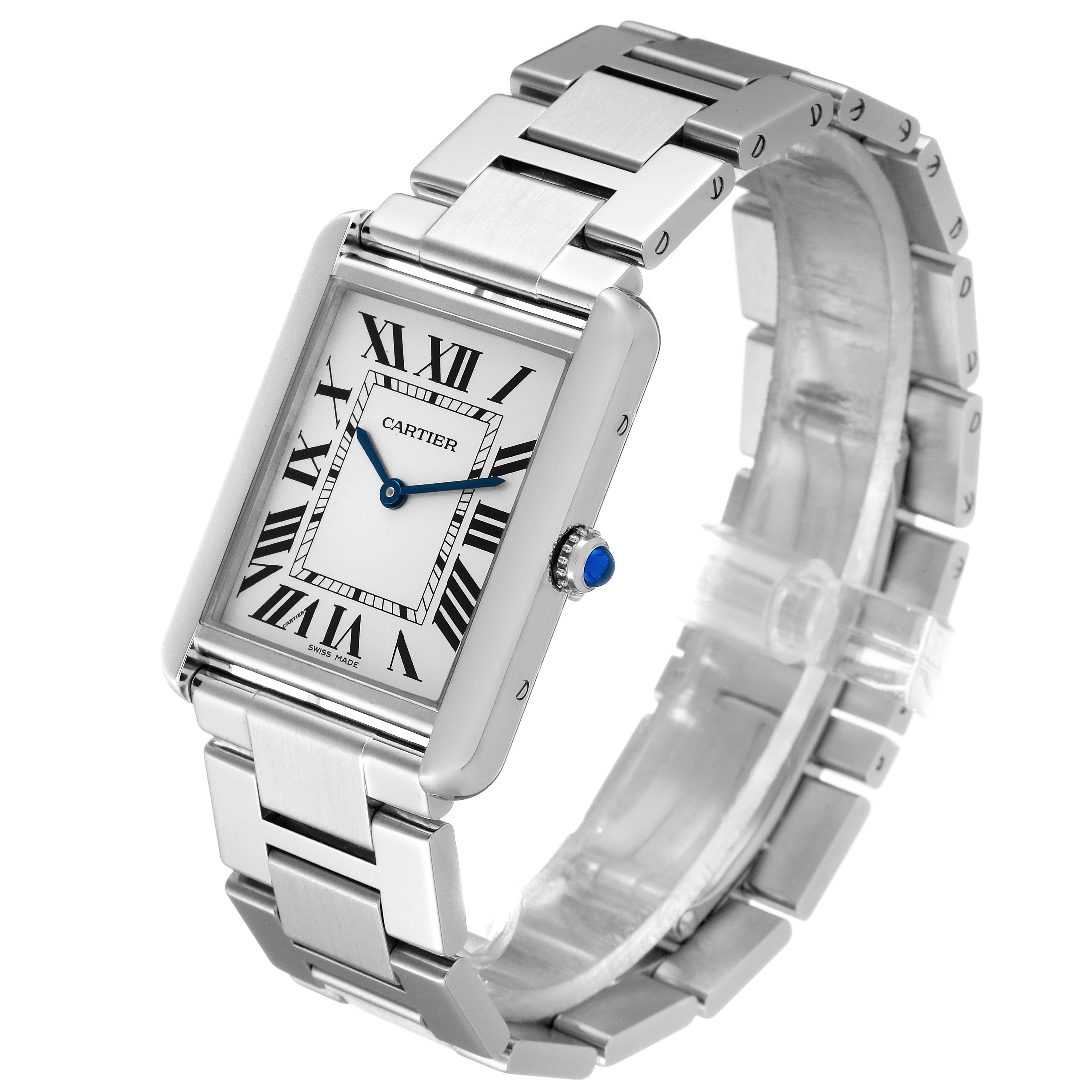 The image shows a Cartier Tank Solo W5200014 Men's Stainless Steel Silver Dial W5200014 Men's Stainless Steel Silver Dial watch at a slight angle, highlighting its face, bracelet, and blue jeweled crown.