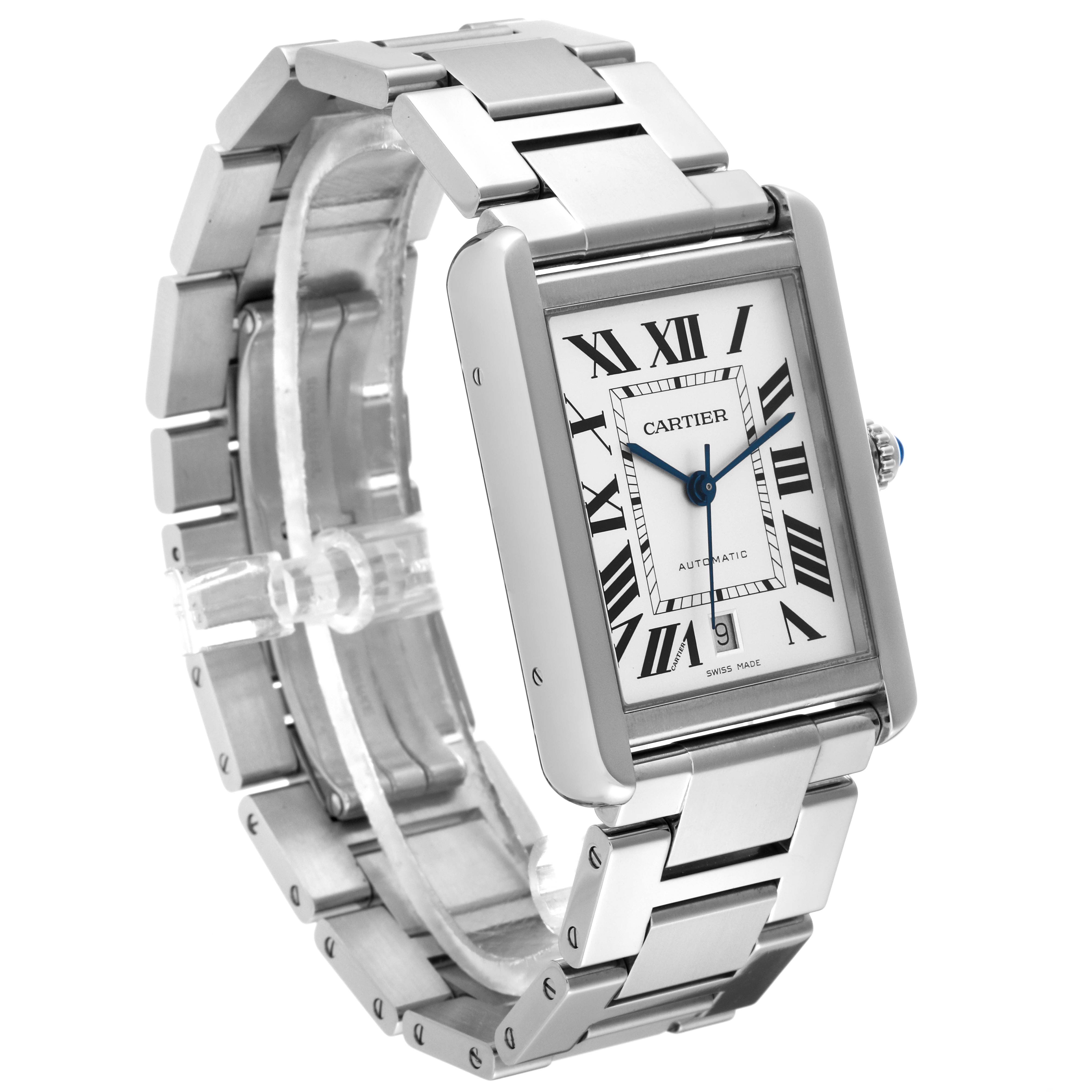 The Cartier Tank Solo W5200028 Men's Stainless Steel Silver Dial W5200028 Men's Stainless Steel Silver Dial watch is shown at a three-quarter angle, highlighting its face, stainless steel bracelet, and crown.