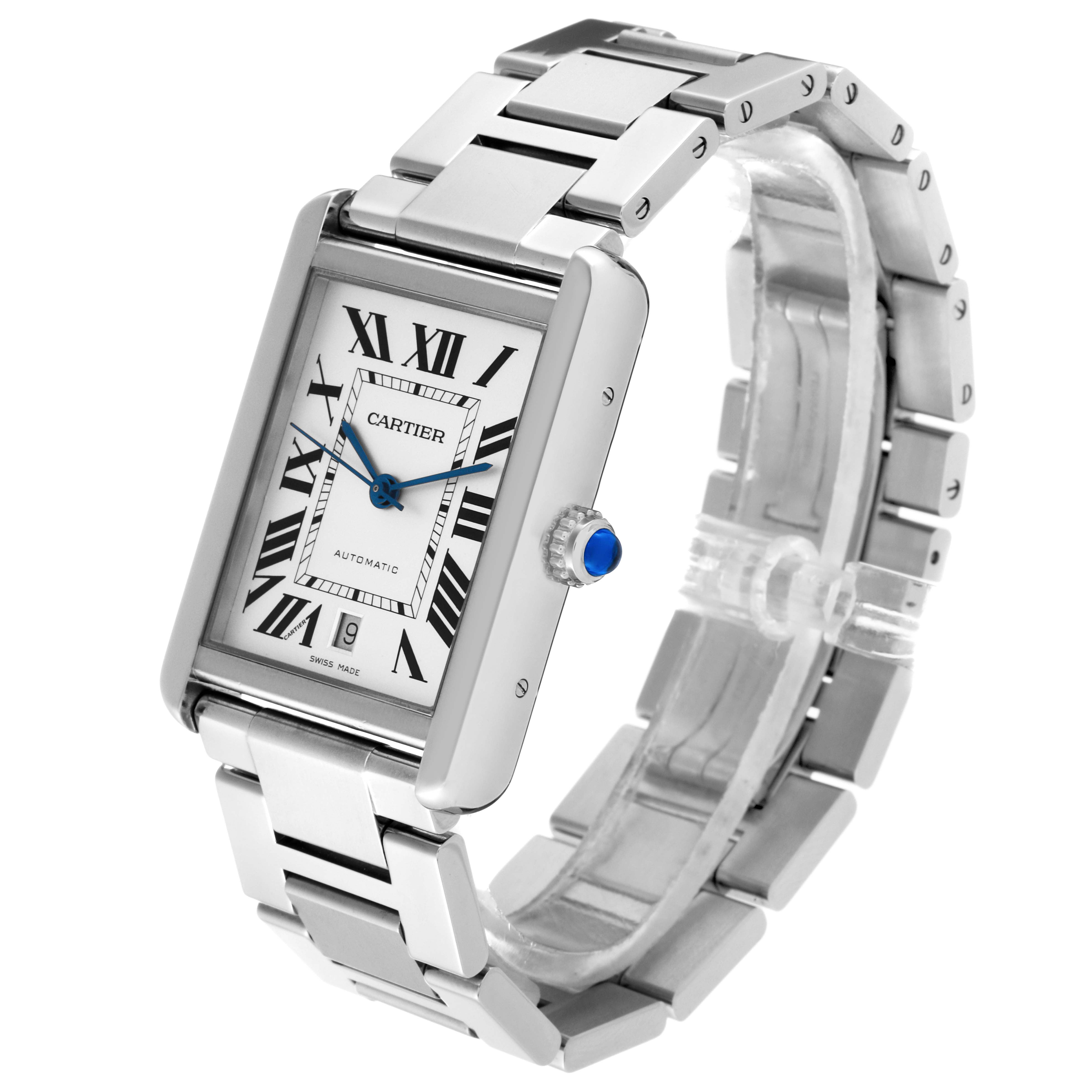 The image shows a Cartier Tank Solo W5200028 Men's Stainless Steel Silver Dial W5200028 Men's Stainless Steel Silver Dial watch at an angle, highlighting its face, bezel, crown, and bracelet.