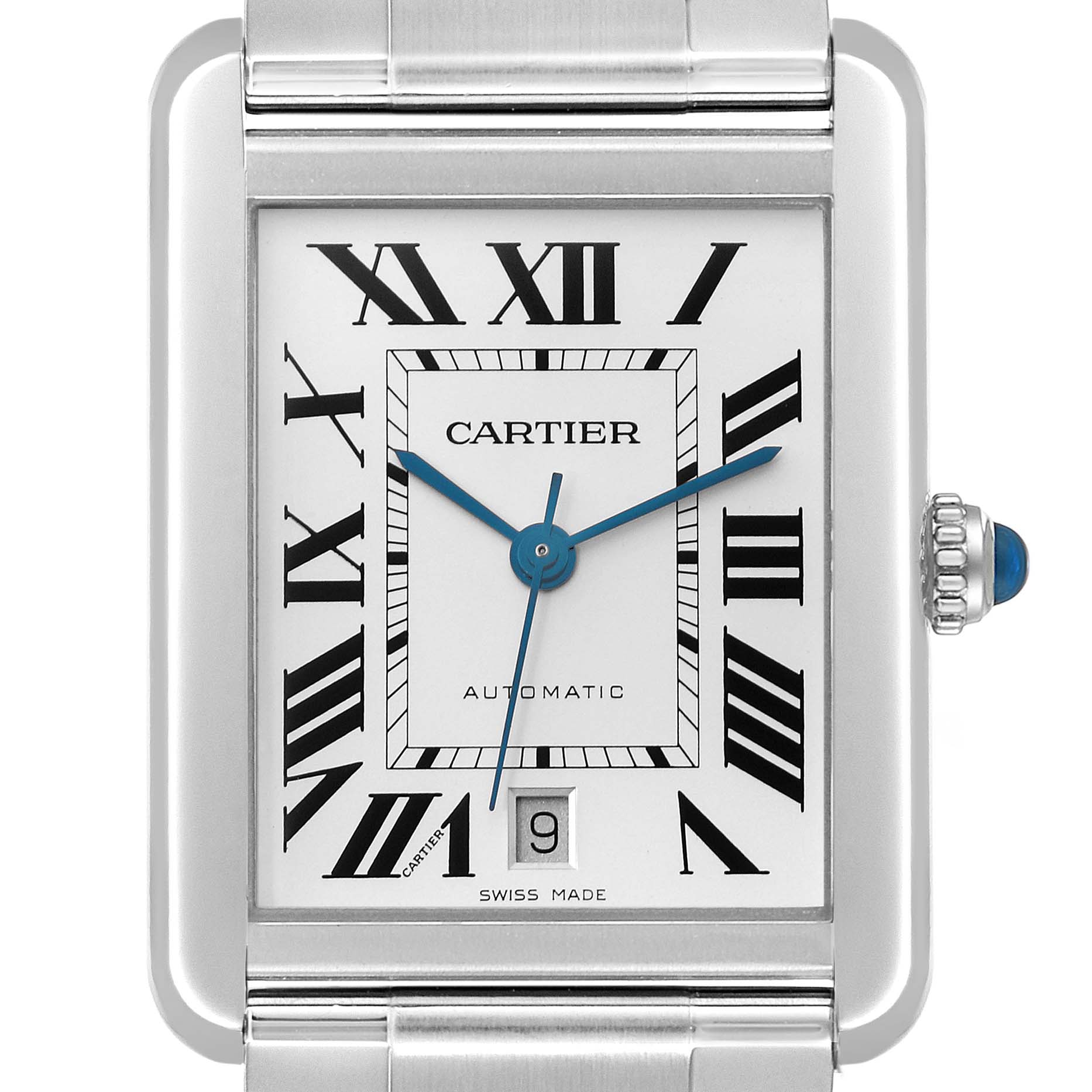 The image shows a front view of the Cartier Tank Solo W5200028 Men's Stainless Steel Silver Dial W5200028 Men's Stainless Steel Silver Dial watch, featuring a silver rectangular case, Roman numerals, and blue hands.