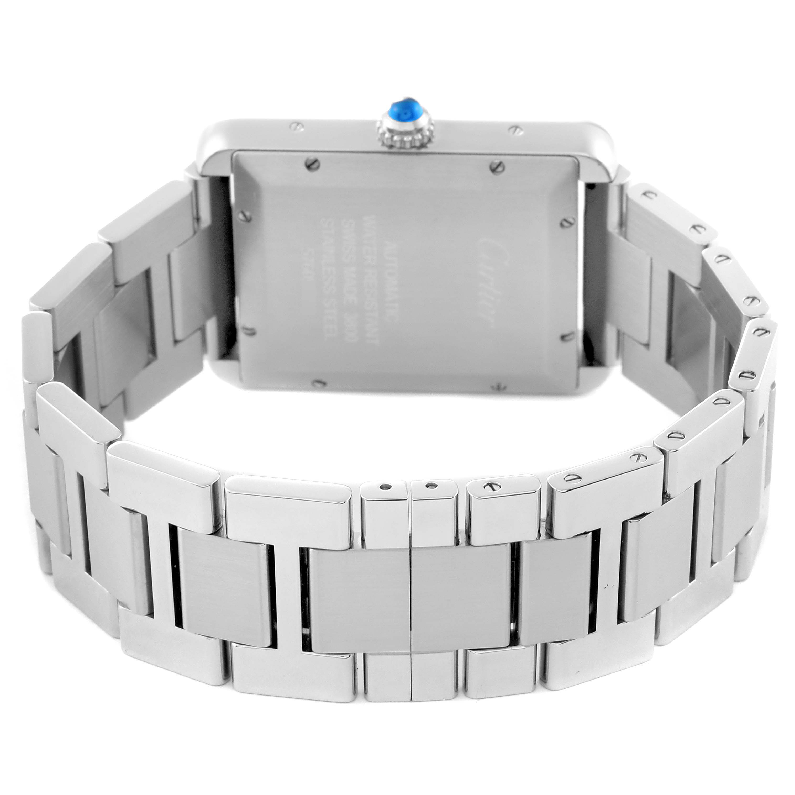 The image shows the back view of a Cartier Tank Solo W5200028 Men's Stainless Steel Silver Dial W5200028 Men's Stainless Steel Silver Dial watch, highlighting the stainless steel case and bracelet.