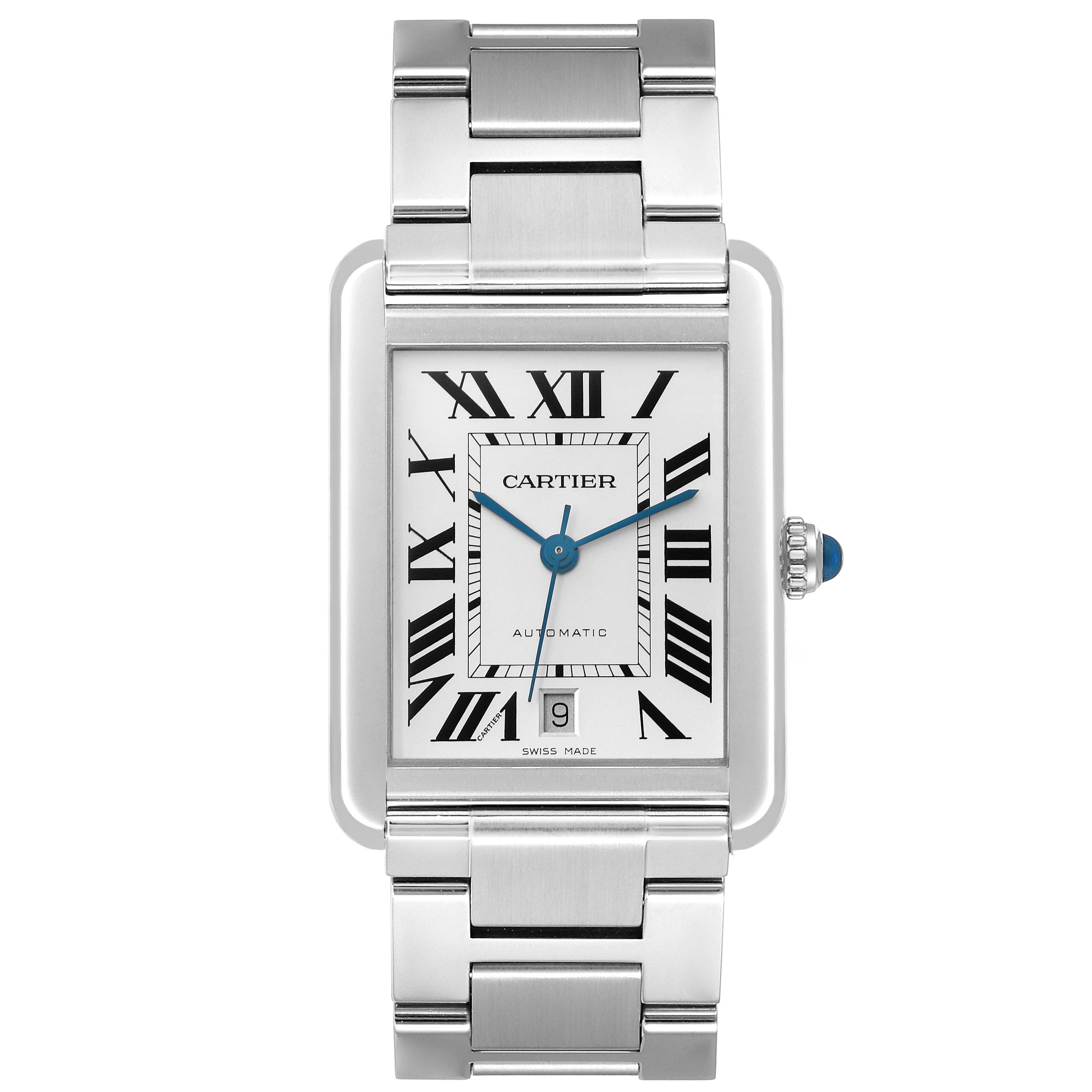 The image shows a front view of the Cartier Tank Solo W5200028 Men's Stainless Steel Silver Dial W5200028 Men's Stainless Steel Silver Dial watch, detailing its dial, bracelet, and crown.