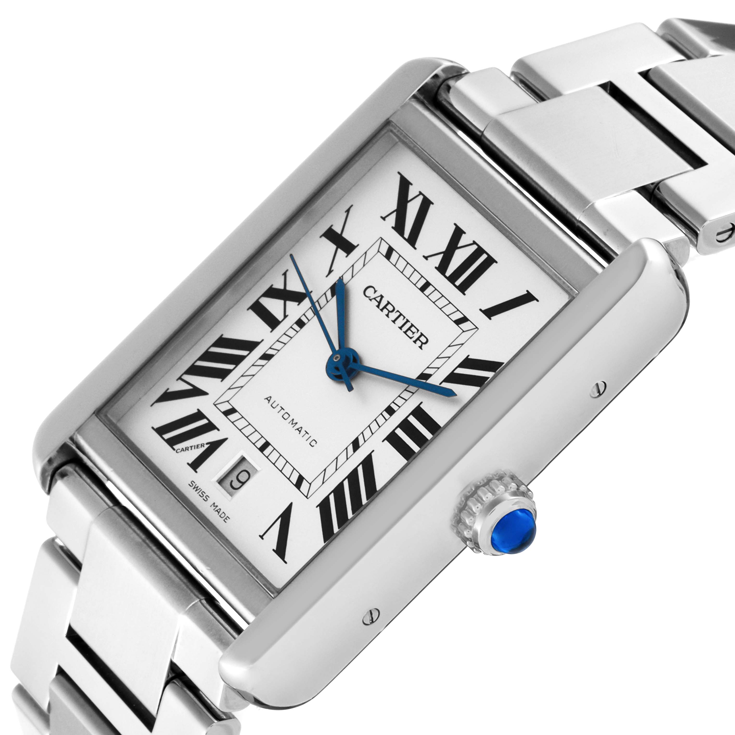The Cartier Tank Solo W5200028 Men's Stainless Steel Silver Dial W5200028 Men's Stainless Steel Silver Dial watch is shown at an angled top-down view, highlighting its face, Roman numerals, date display, and crown with a blue gemstone.