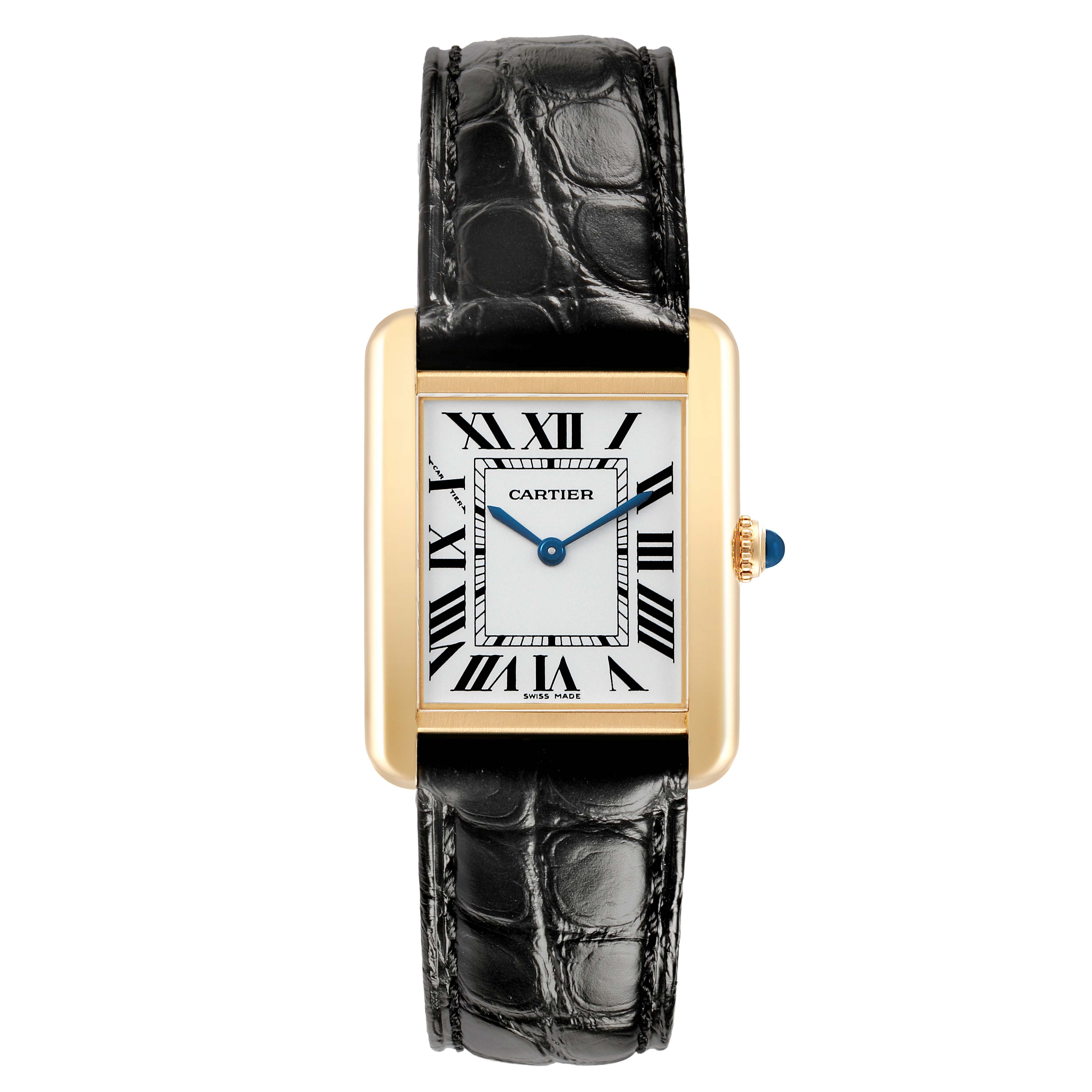 The Cartier Tank Solo W1018755 Women's Yellow Gold Silver Dial watch is shown from the front, highlighting its rectangular case, Roman numerals, and leather strap.