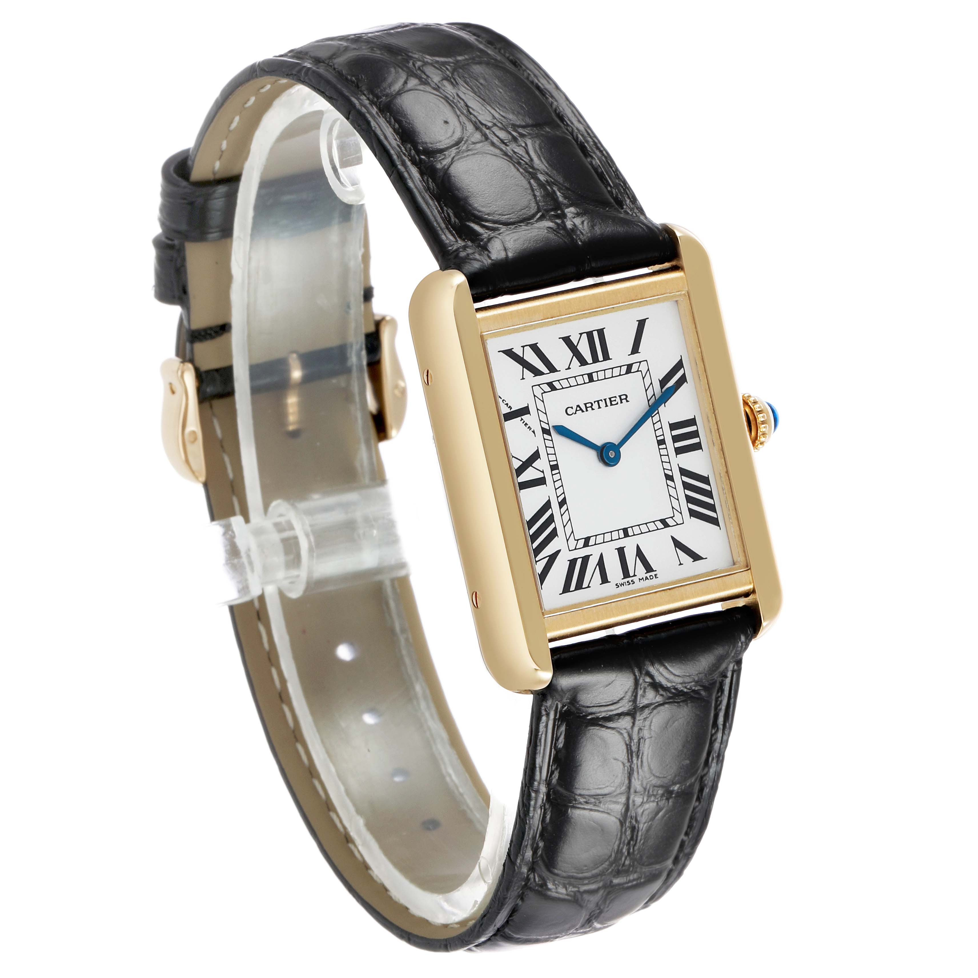 The Cartier Tank Solo W1018755 Women's Yellow Gold Silver Dial watch is shown at a three-quarter angle, displaying its face, strap, and crown details.