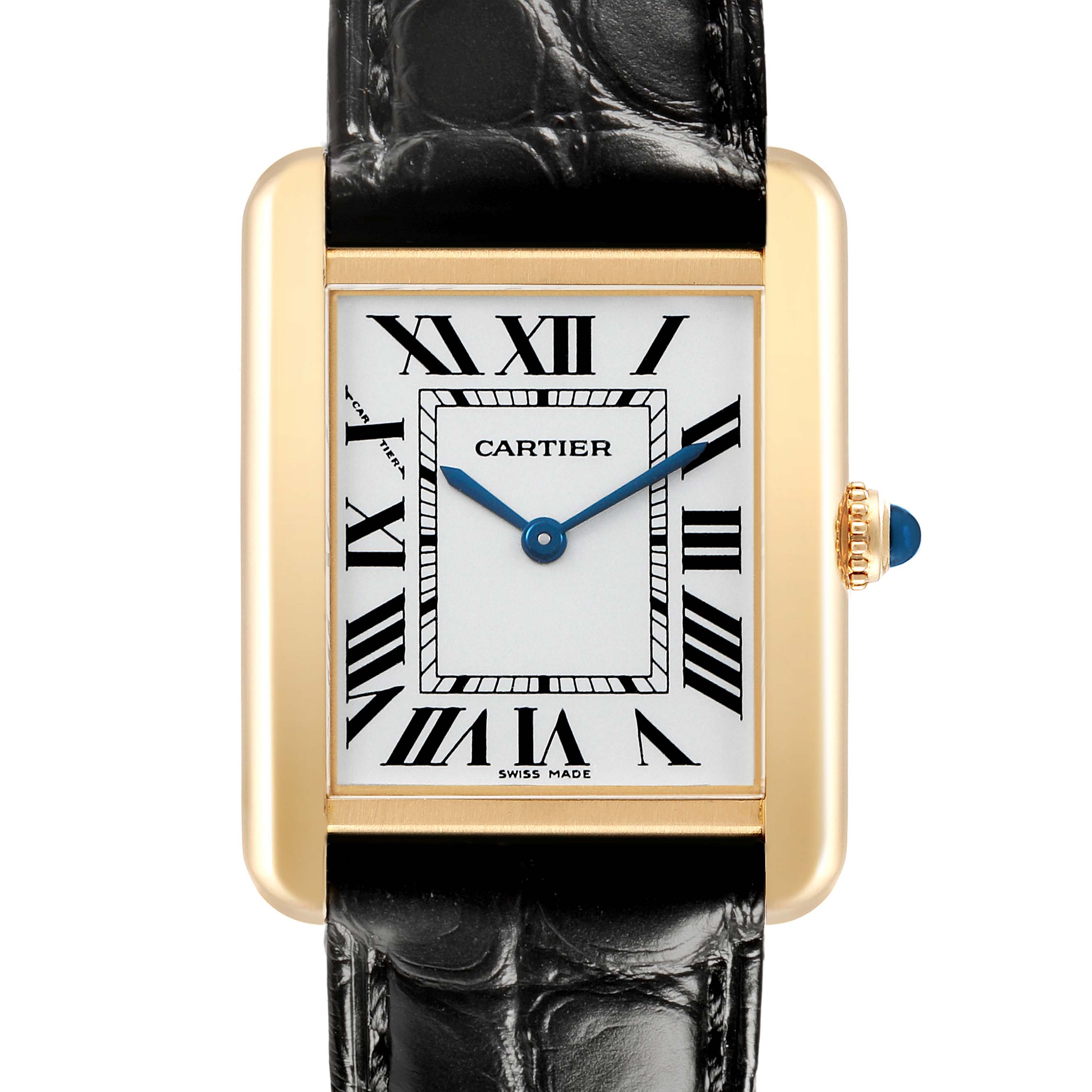 The Cartier Tank Solo W1018755 Women's Yellow Gold Silver Dial watch is shown from a front view, highlighting its rectangular face, Roman numerals, and leather strap.