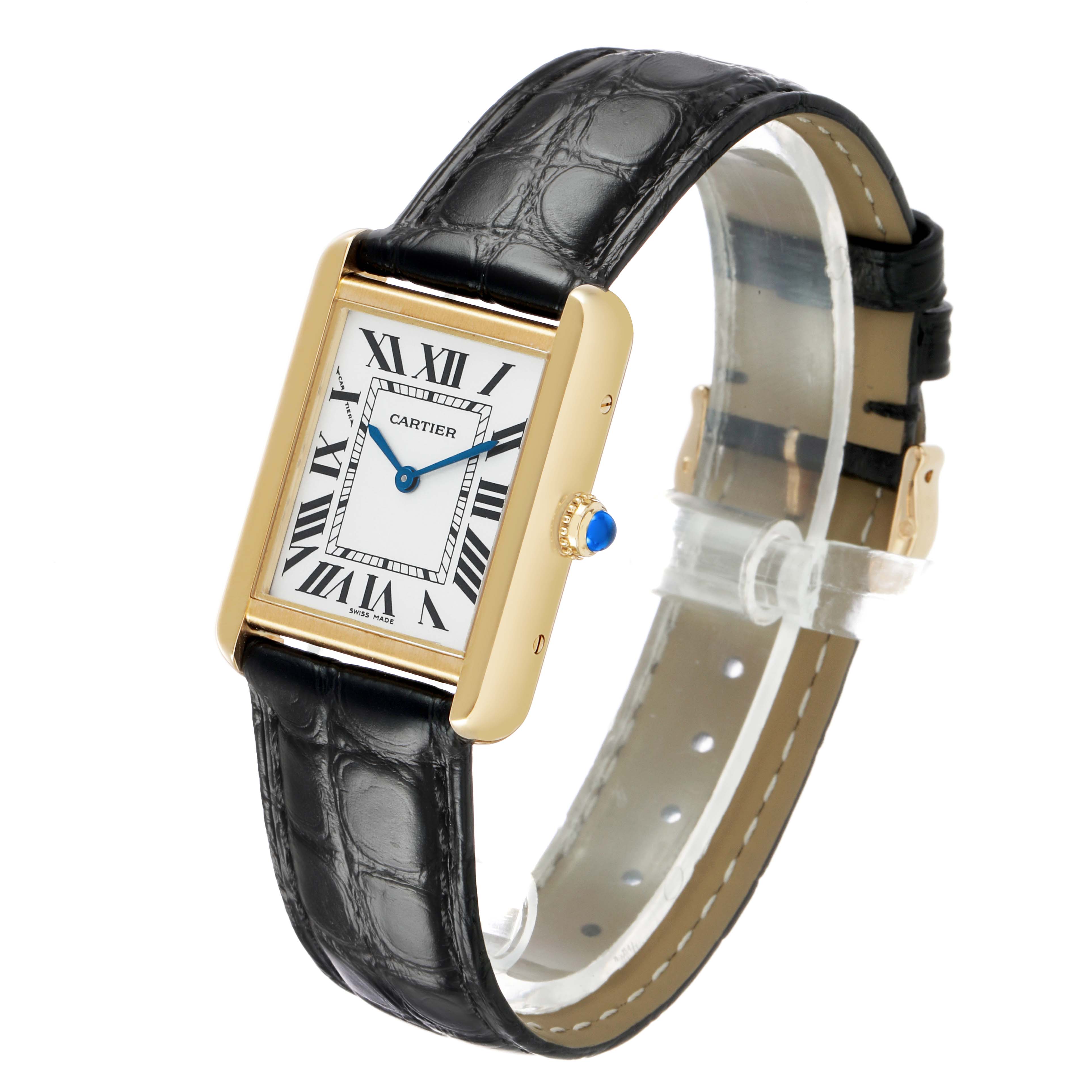 The Cartier Tank Solo W1018755 Women's Yellow Gold Silver Dial watch is shown at a three-quarter angle, highlighting its rectangular face, Roman numerals, and leather strap.