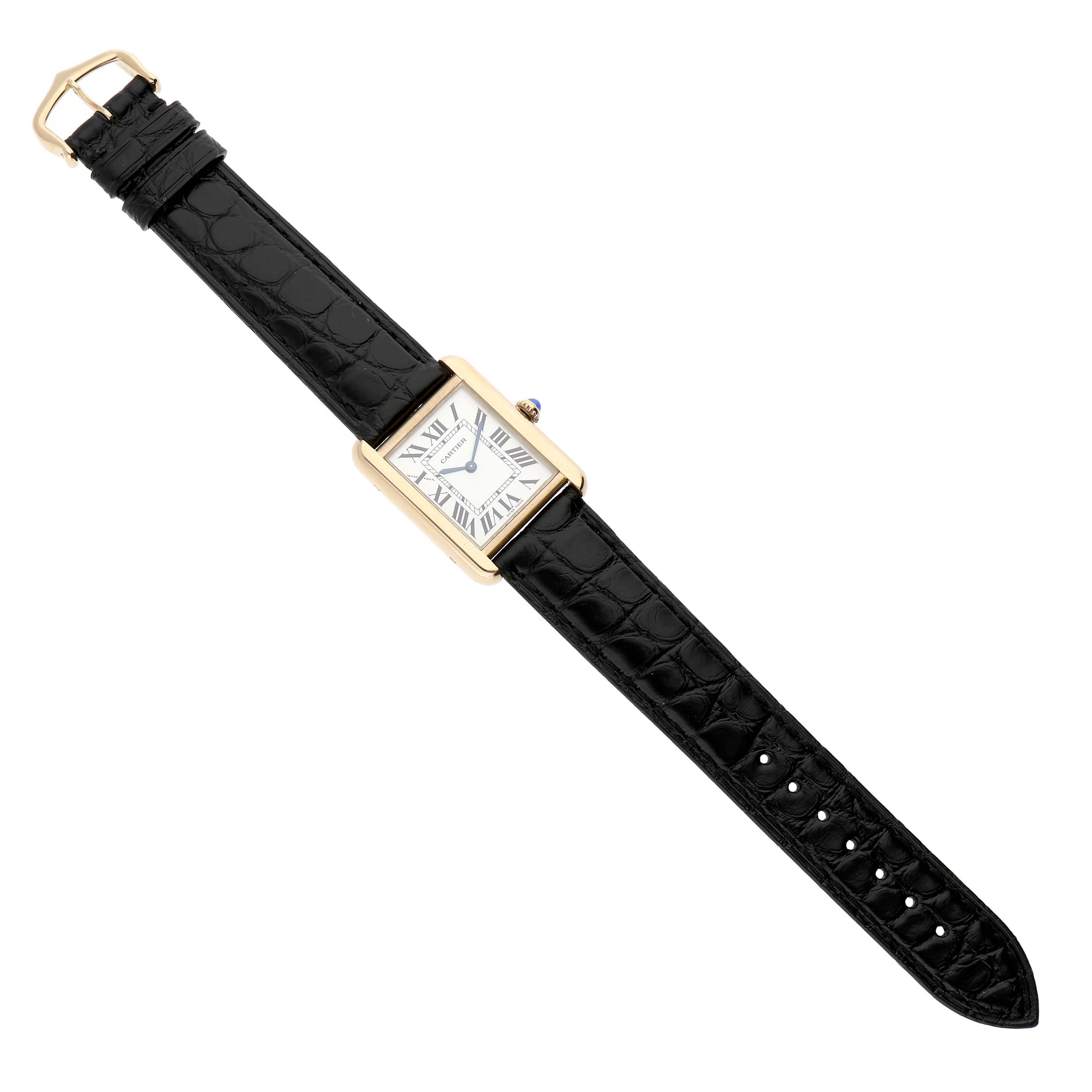 The Cartier Tank Solo W1018755 Women's Yellow Gold Silver Dial watch is shown from a top-down angle, displaying its rectangular face and black leather strap.