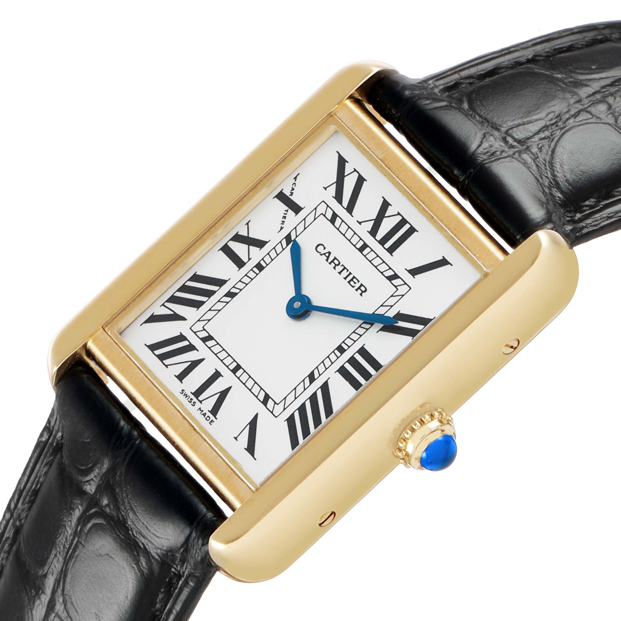 The Cartier Tank Solo W1018755 Women's Yellow Gold Silver Dial watch is shown at an angled top view, highlighting its rectangular face, Roman numerals, and blue hands.