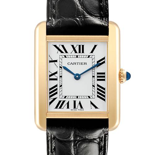 The Cartier Tank Solo W1018755 Women's Yellow Gold Silver Dial watch is shown from the front, displaying its rectangular gold case, white dial with Roman numerals, and black leather strap.