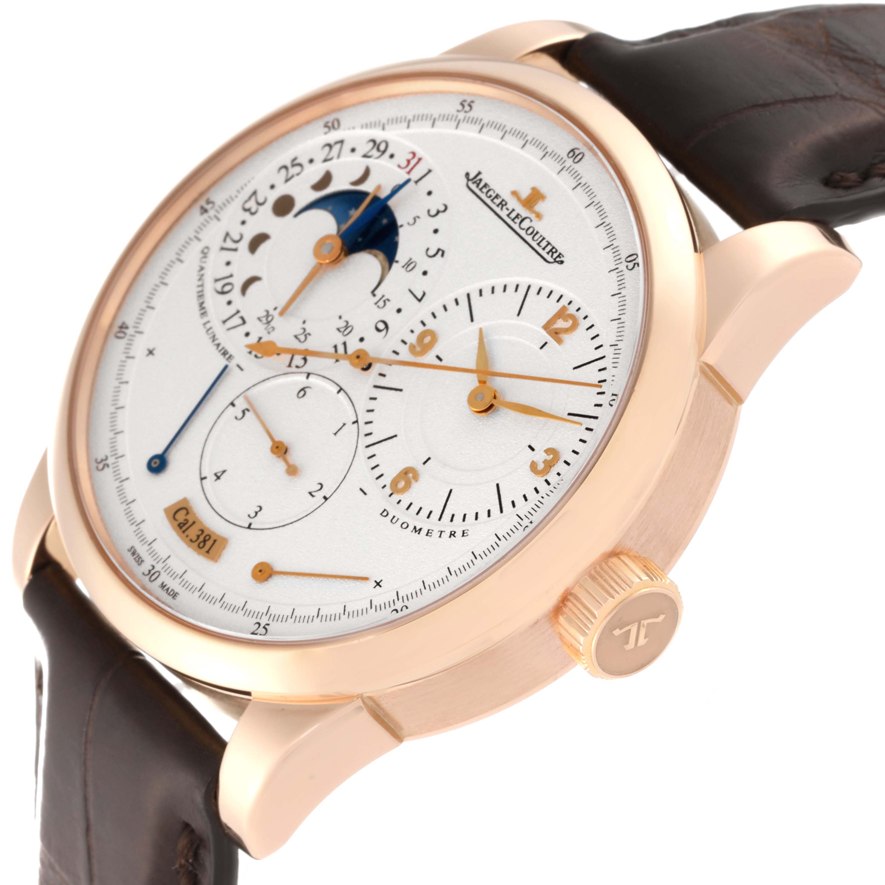 The Jaeger LeCoultre Duometre Q6042521 Men's Rose Gold Silver Dial Q6042521 Men's Rose Gold Silver Dial watch is shown at a slight angle, highlighting the dial, crown, and part of the leather strap.