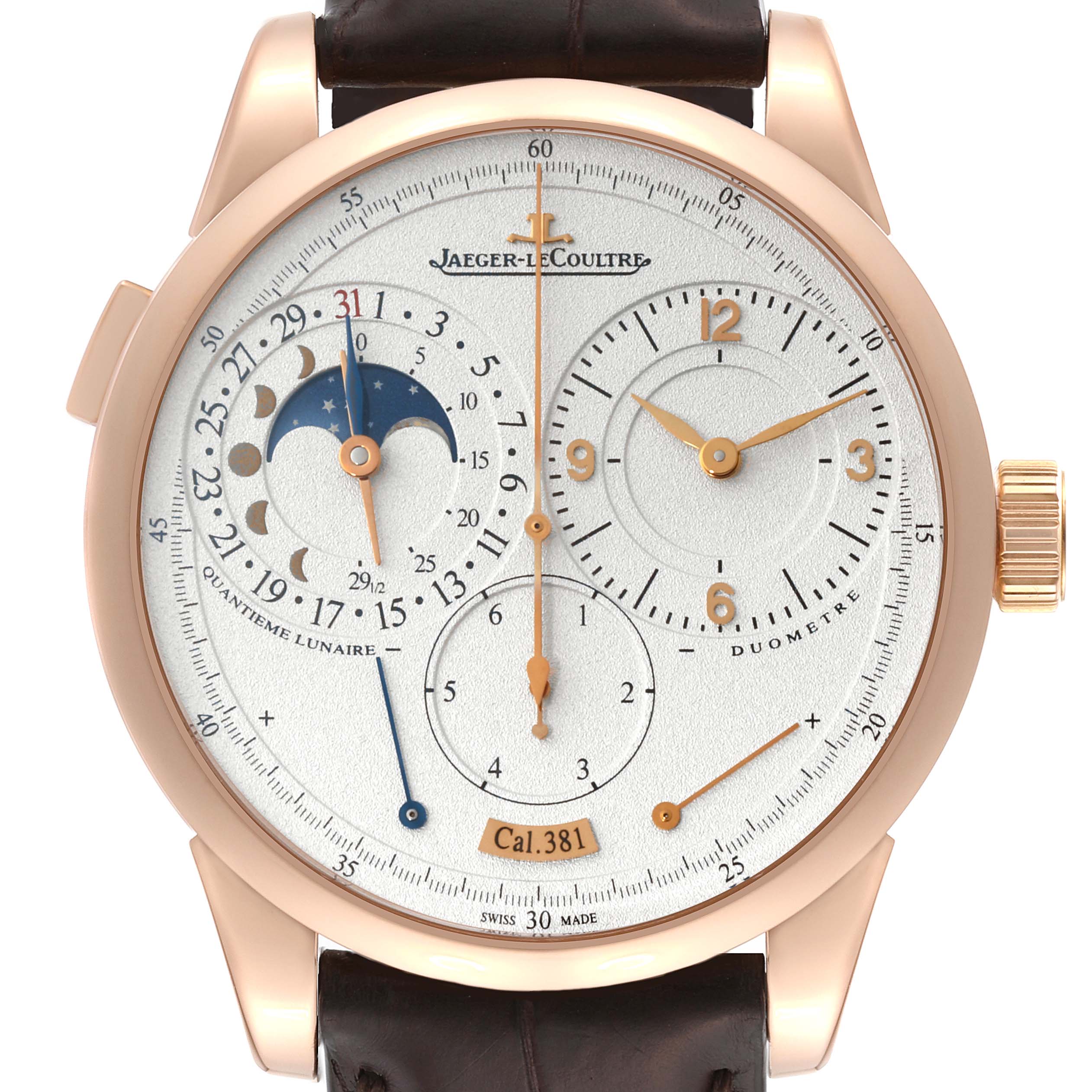 The Jaeger-LeCoultre Duomètre watch is shown from a front angle, highlighting its dials, moon phase, and rose gold casing.