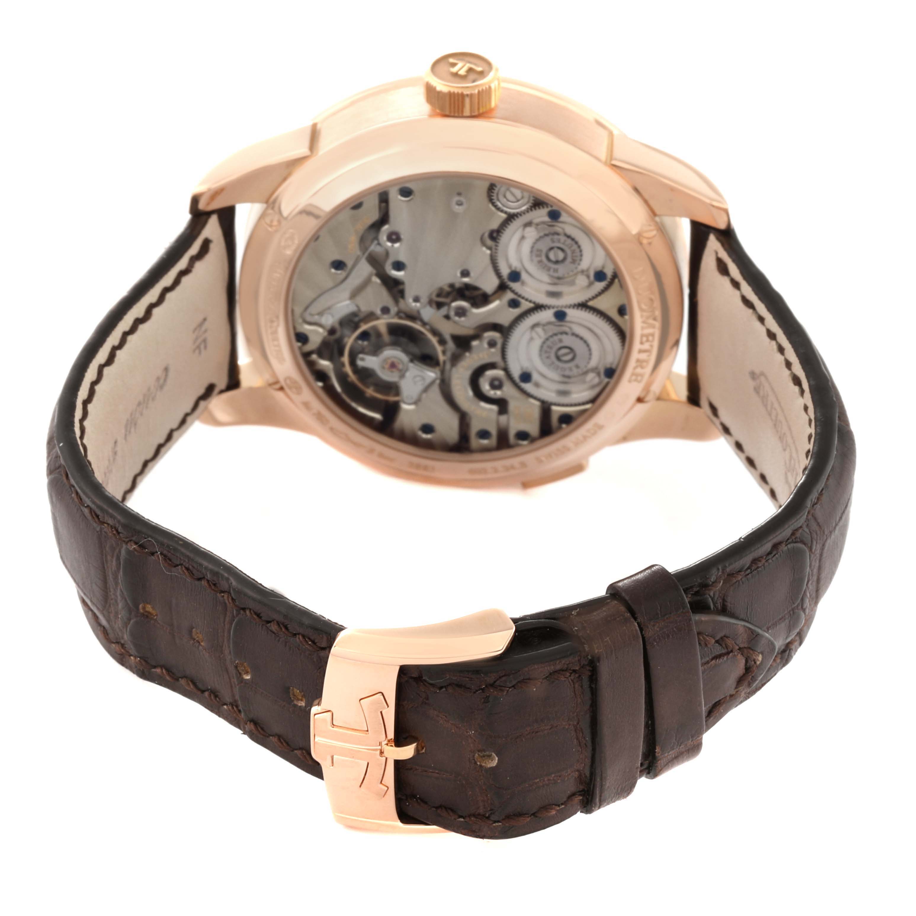 This image shows the back view of a Jaeger LeCoultre Duometre Q6042521 Men's Rose Gold Silver Dial Q6042521 Men's Rose Gold Silver Dial watch, highlighting the movement and leather strap.