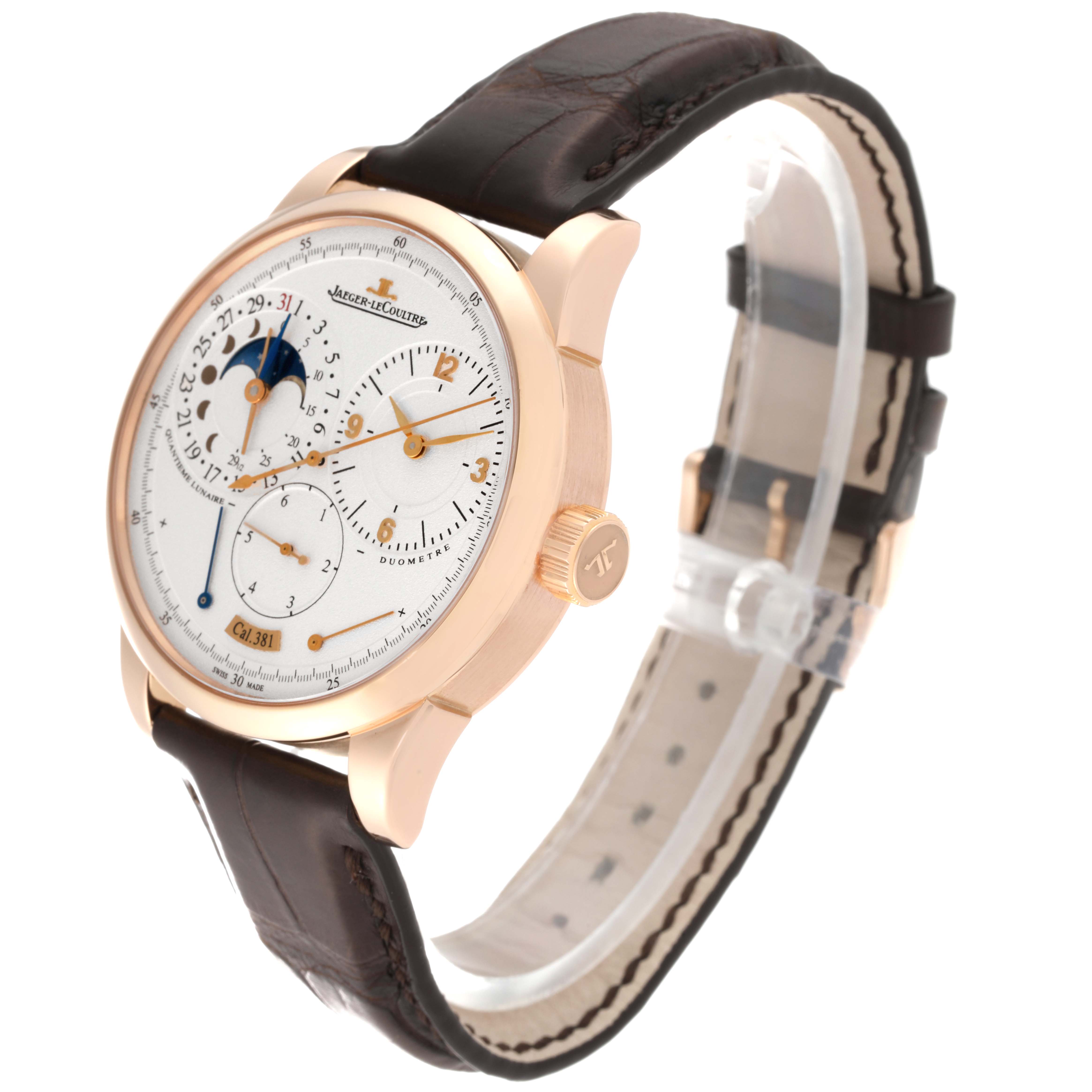 The Jaeger LeCoultre Duometre Q6042521 Men's Rose Gold Silver Dial Q6042521 Men's Rose Gold Silver Dial watch is shown at an angle highlighting the dial, crown, and leather strap.