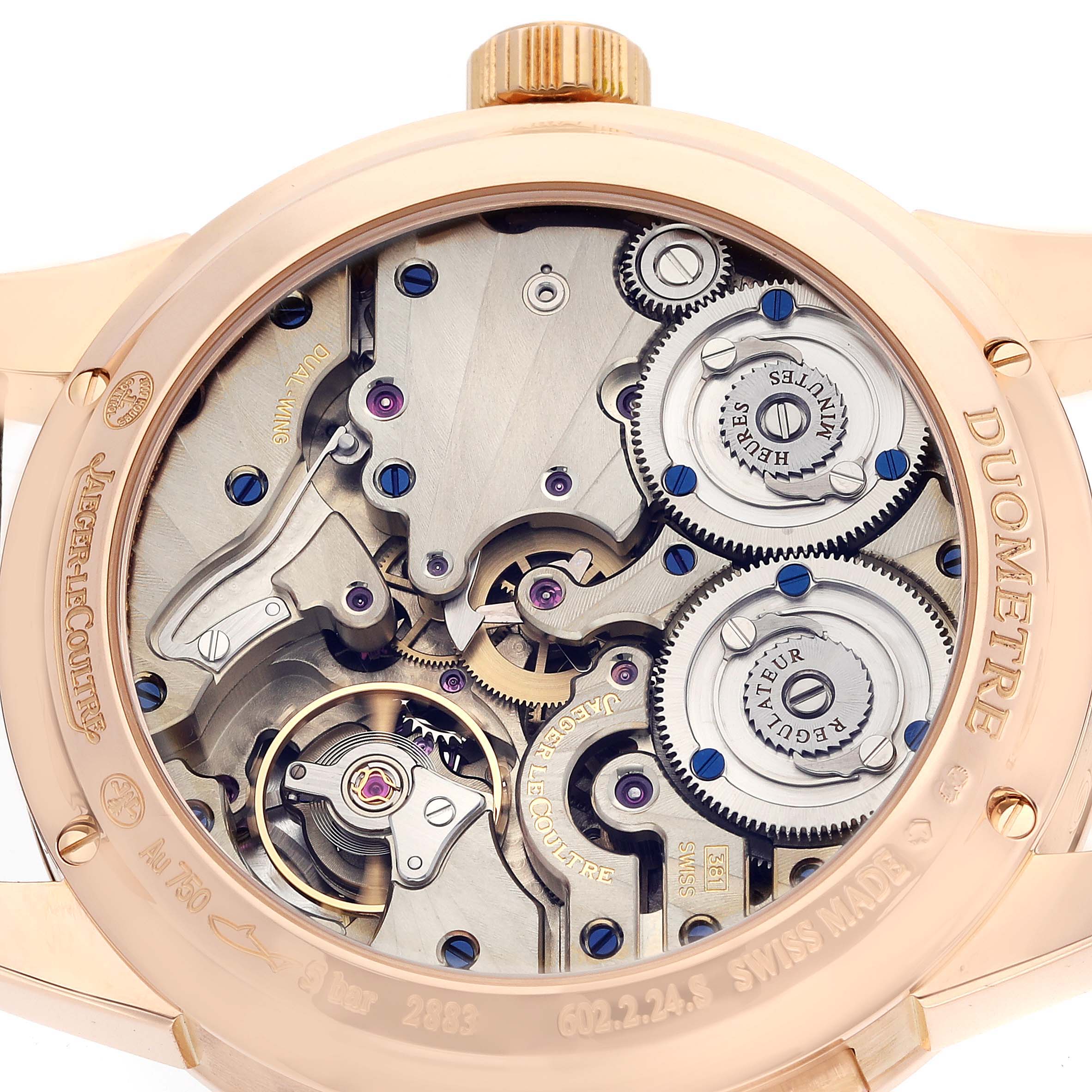 The image shows the back view of the Jaeger LeCoultre Duometre Q6042521 Men's Rose Gold Silver Dial Q6042521 Men's Rose Gold Silver Dial watch, highlighting its intricate inner mechanical components.