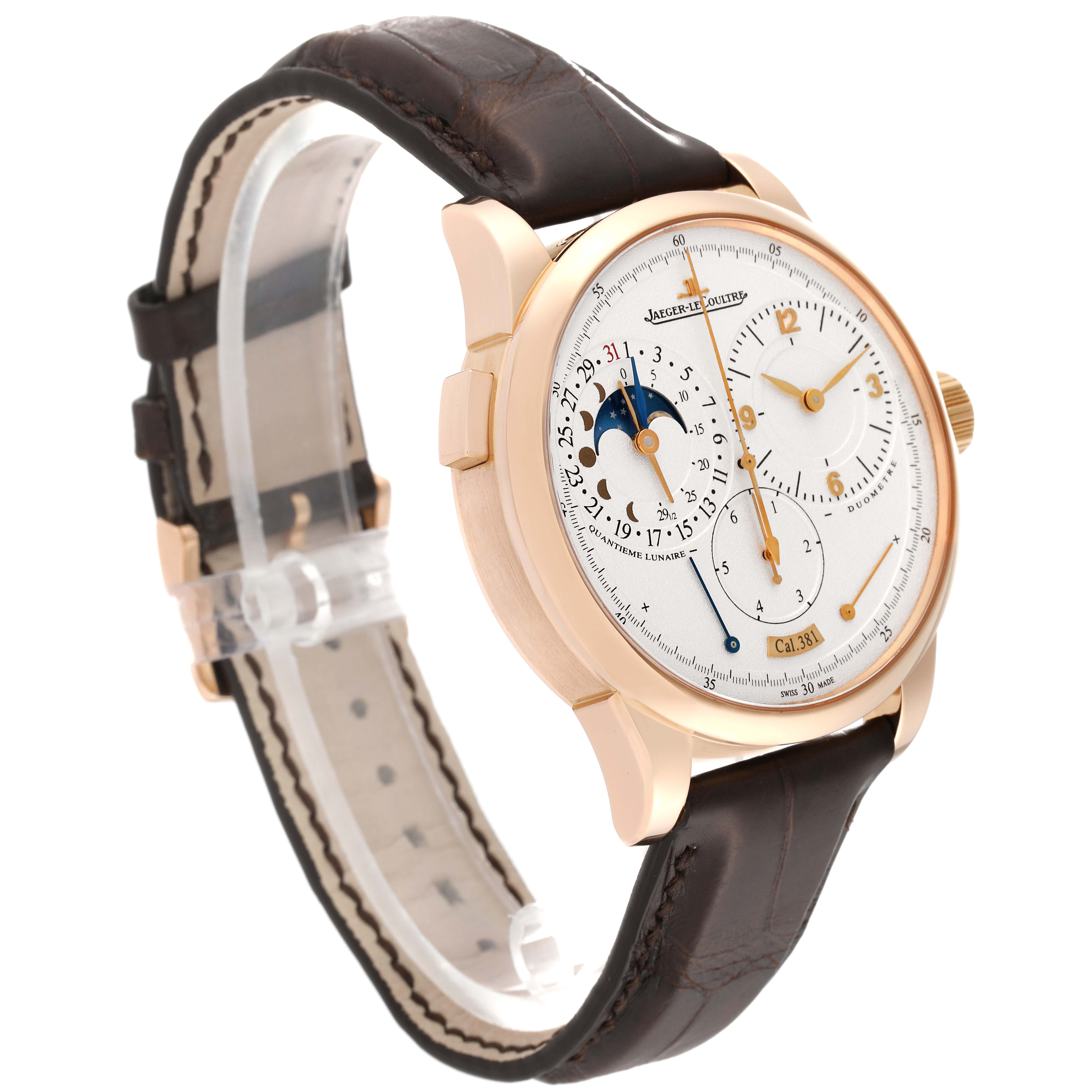 The image shows a side-angle view of the Jaeger LeCoultre Duometre Q6042521 Men's Rose Gold Silver Dial Q6042521 Men's Rose Gold Silver Dial watch, highlighting the face, dial, and strap.