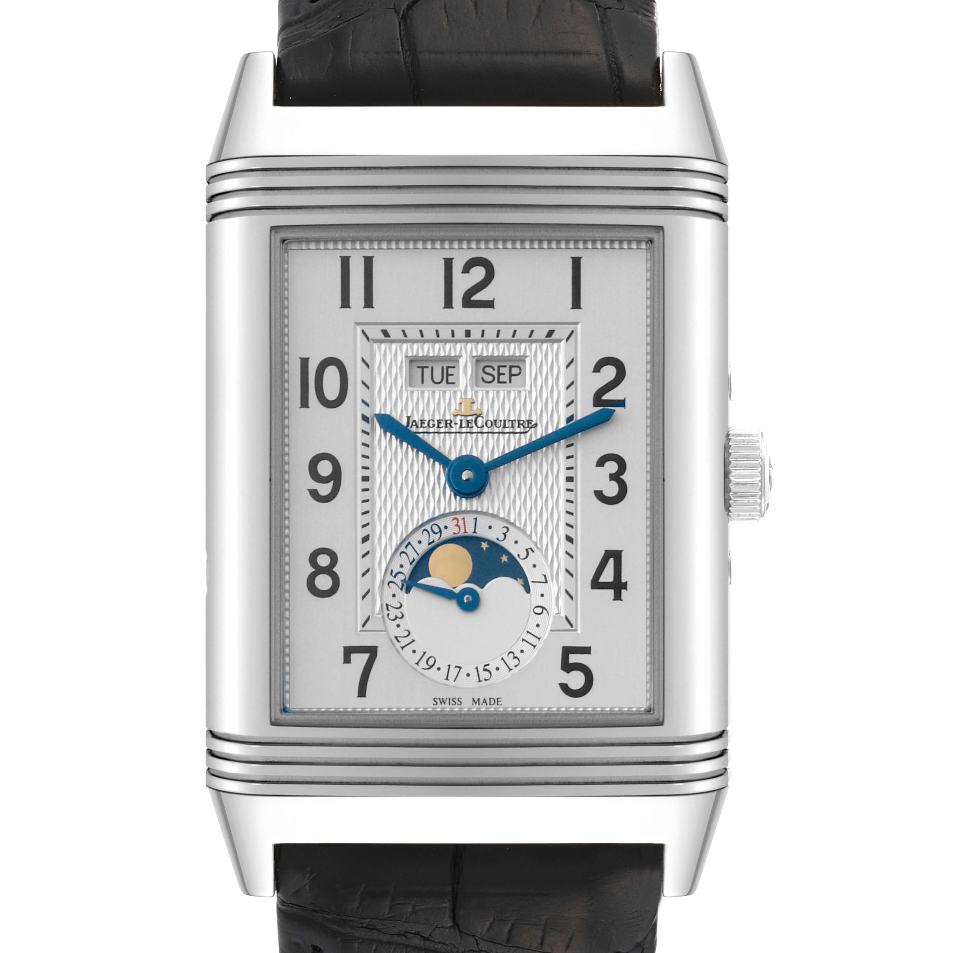 The image shows a frontal view of a Jaeger LeCoultre Reverso Q3758420 Men's Stainless Steel Silver Dial Q3758420 Men's Stainless Steel Silver Dial watch with subdials and a moonphase display.