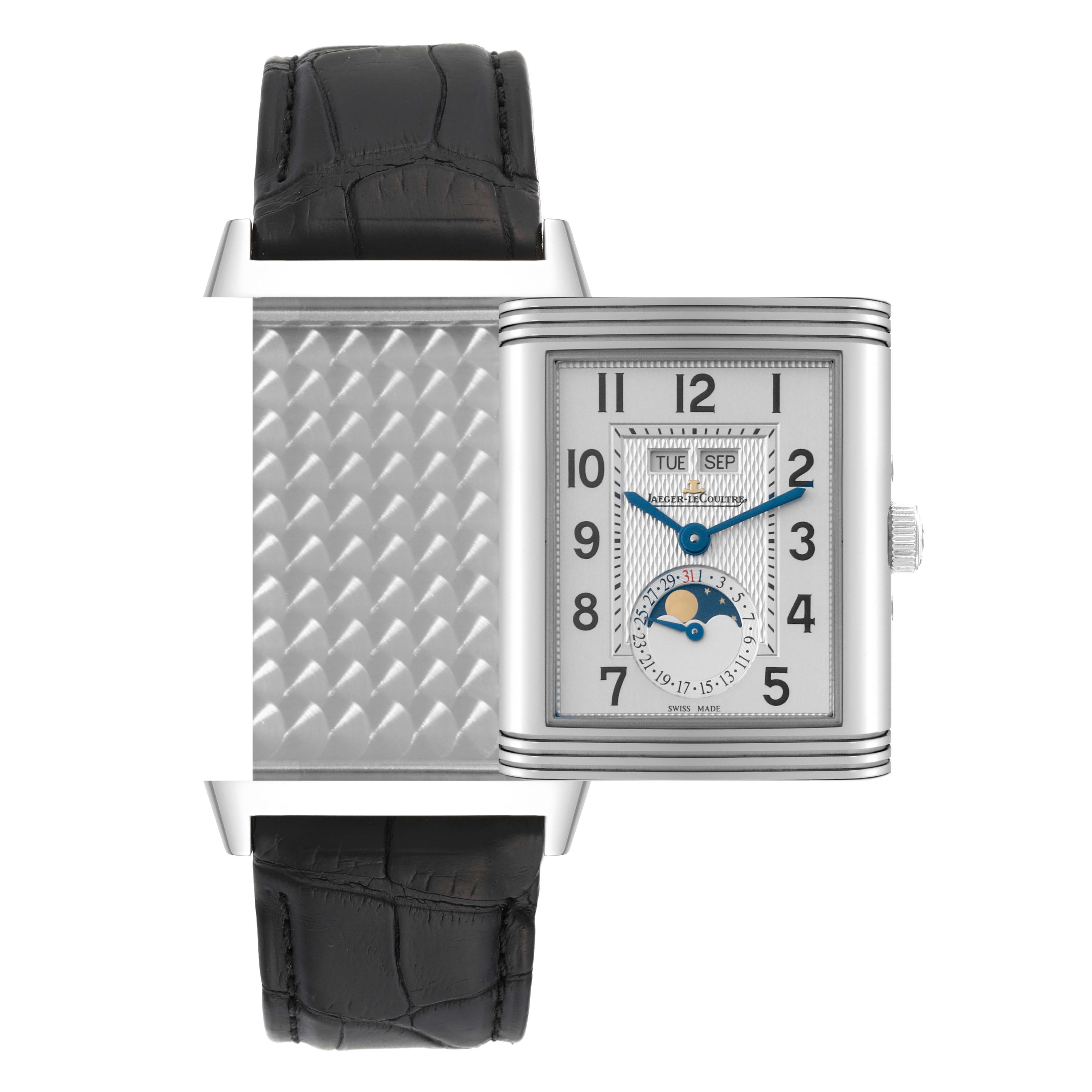 The image shows the front and back view of the Jaeger-LeCoultre Reverso watch with its rectangular face and black leather strap.