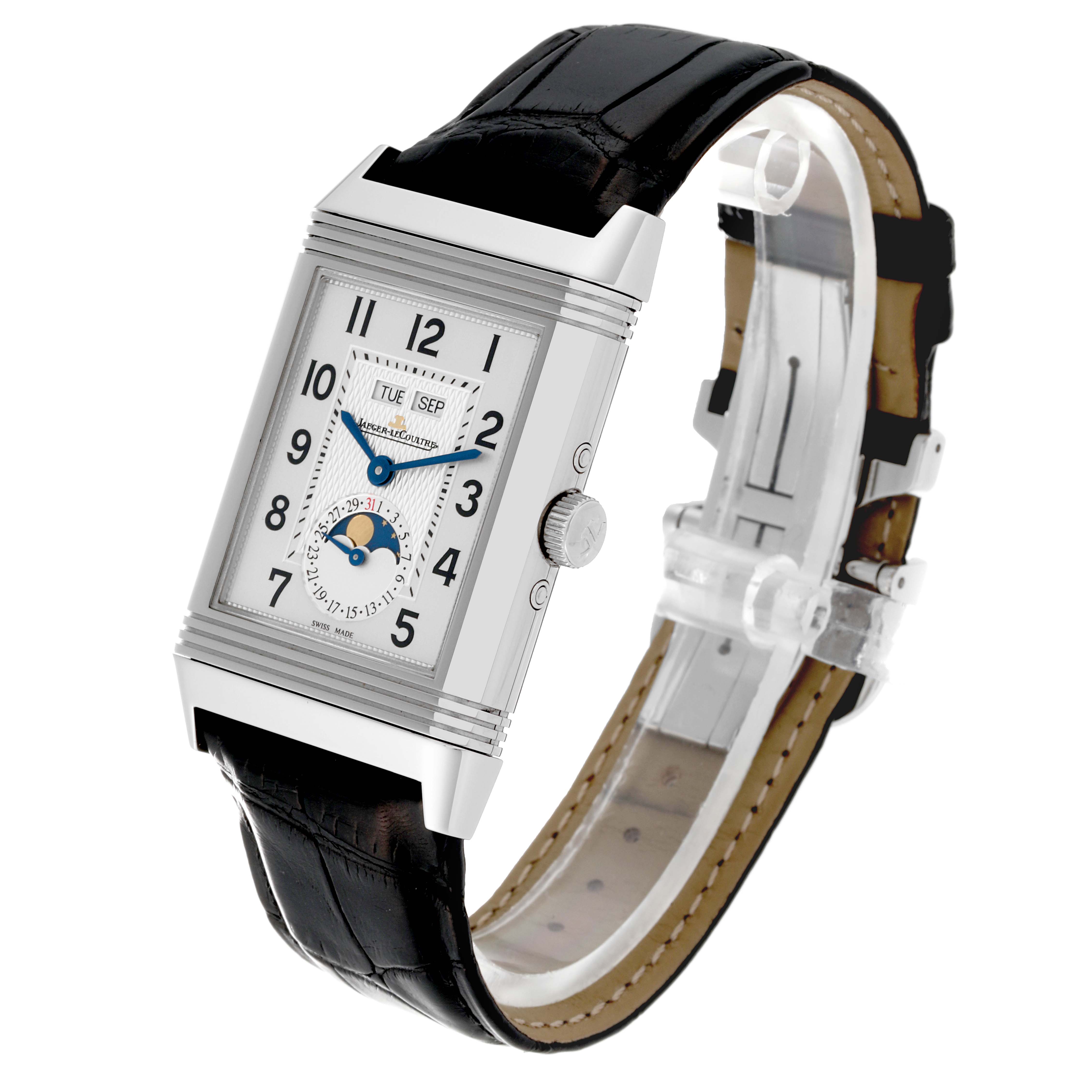 This Jaeger LeCoultre Reverso Q3758420 Men's Stainless Steel Silver Dial Q3758420 Men's Stainless Steel Silver Dial watch is shown at a slight angle, featuring a rectangular face and leather strap.