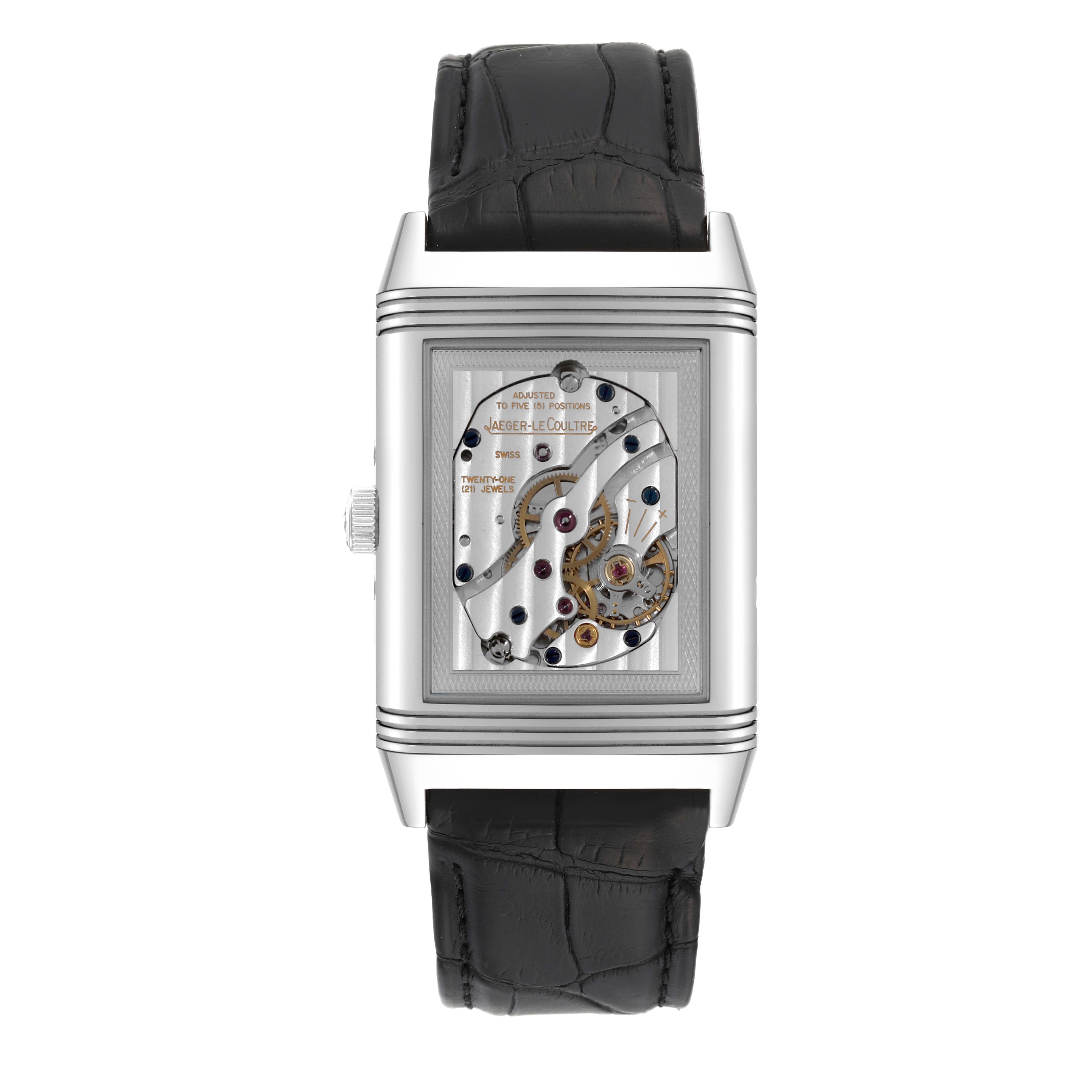 The image shows a front view of a Jaeger LeCoultre Reverso Q3758420 Men's Stainless Steel Silver Dial Q3758420 Men's Stainless Steel Silver Dial watch with its intricate internal mechanism visible.