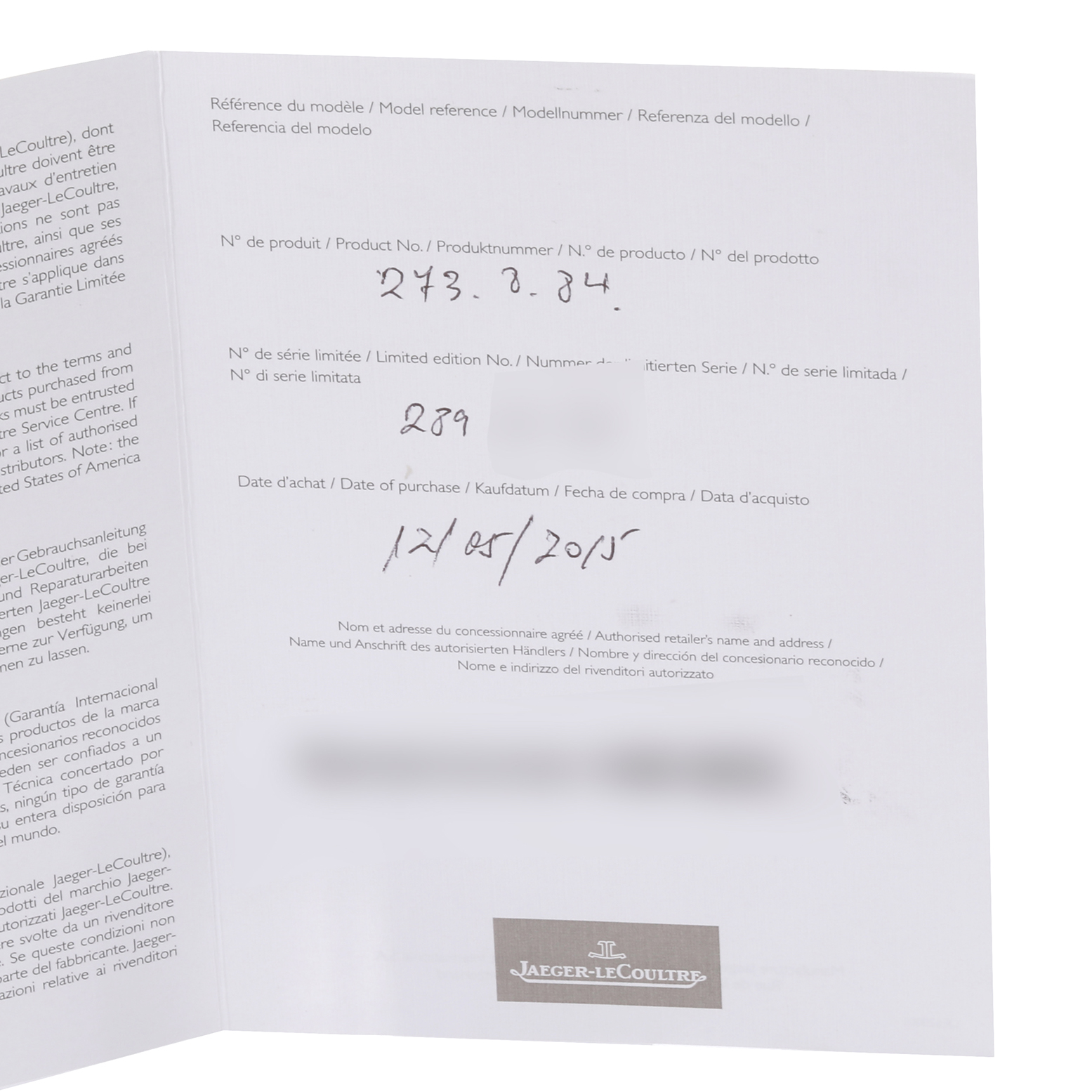 The image shows a folded warranty card for the Jaeger-LeCoultre Reverso model, including product information and date of purchase.