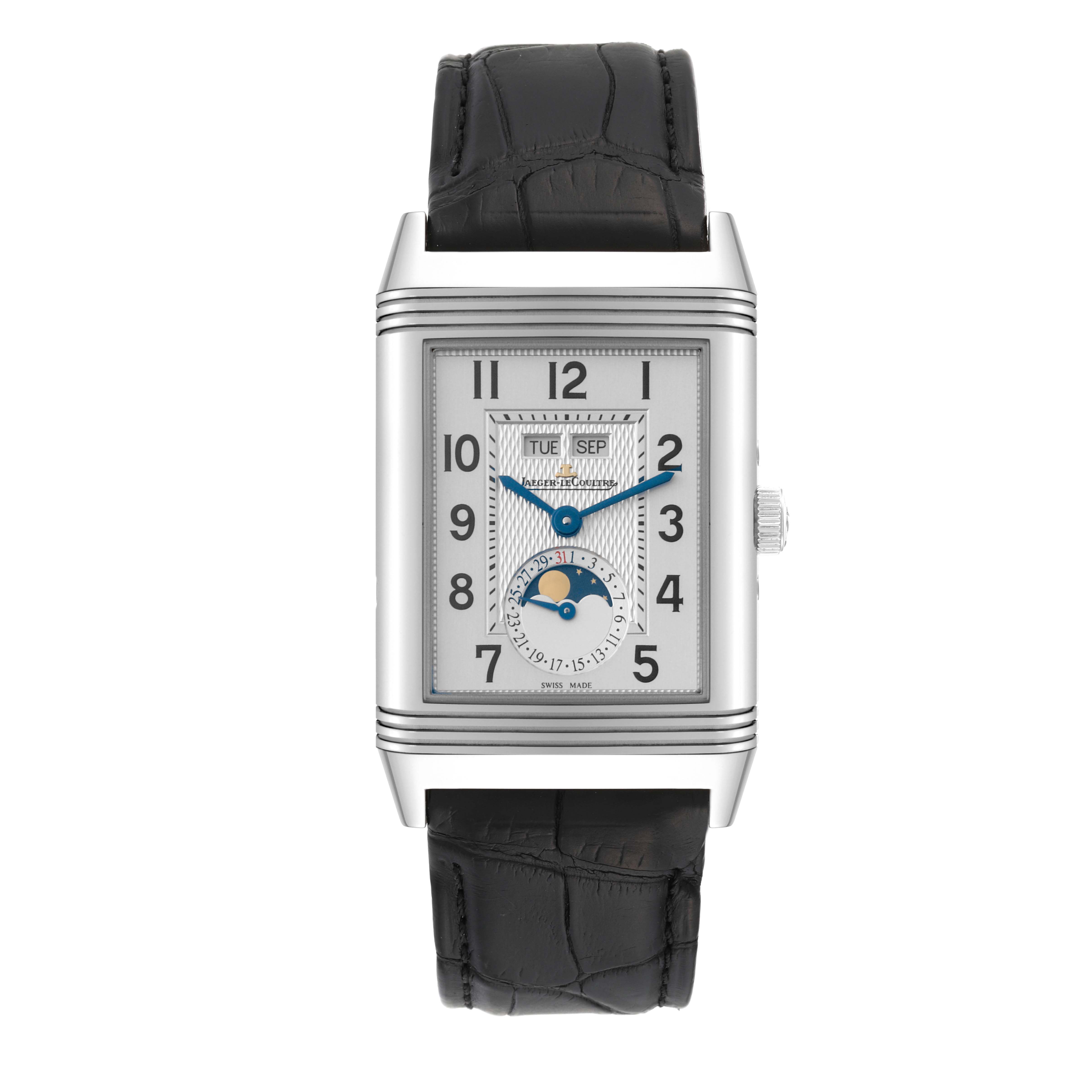The image shows a frontal view of a Jaeger LeCoultre Reverso Q3758420 Men's Stainless Steel Silver Dial Q3758420 Men's Stainless Steel Silver Dial watch, displaying the face, strap, and crown.