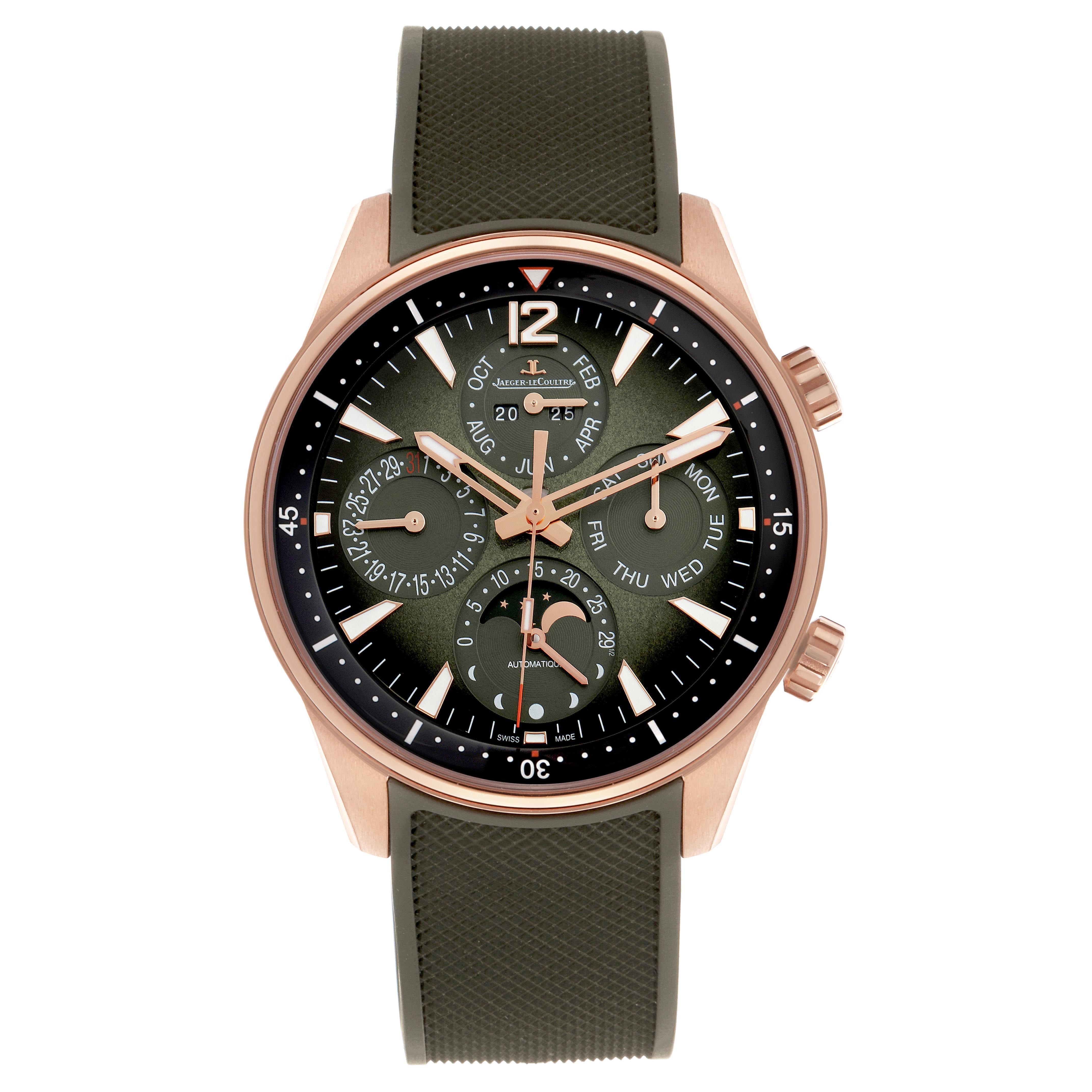 The Jaeger LeCoultre Polaris Q908263J/842.2.A8.S Men
s Rose Gold Green Dial Q908263J/842.2.A8.S Men
s Rose Gold Green Dial watch is shown from the front, highlighting its dial, hands, subdials, and pushers.