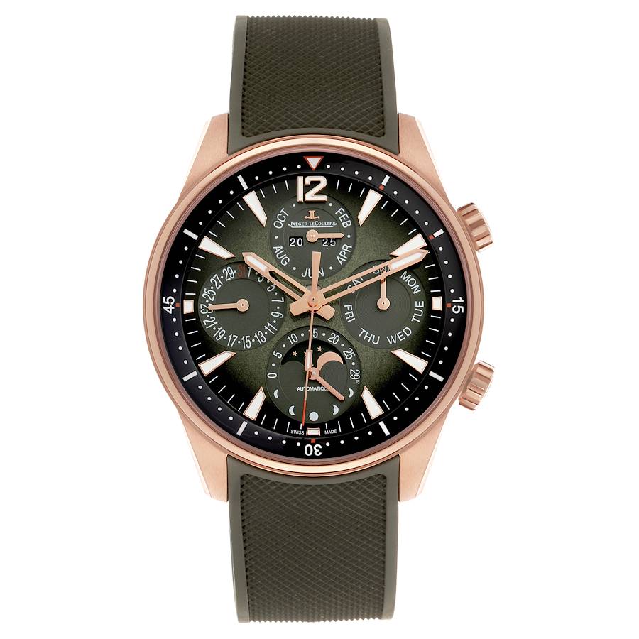 The Jaeger LeCoultre Polaris watch is shown from the front, highlighting its dial, hands, subdials, and pushers.