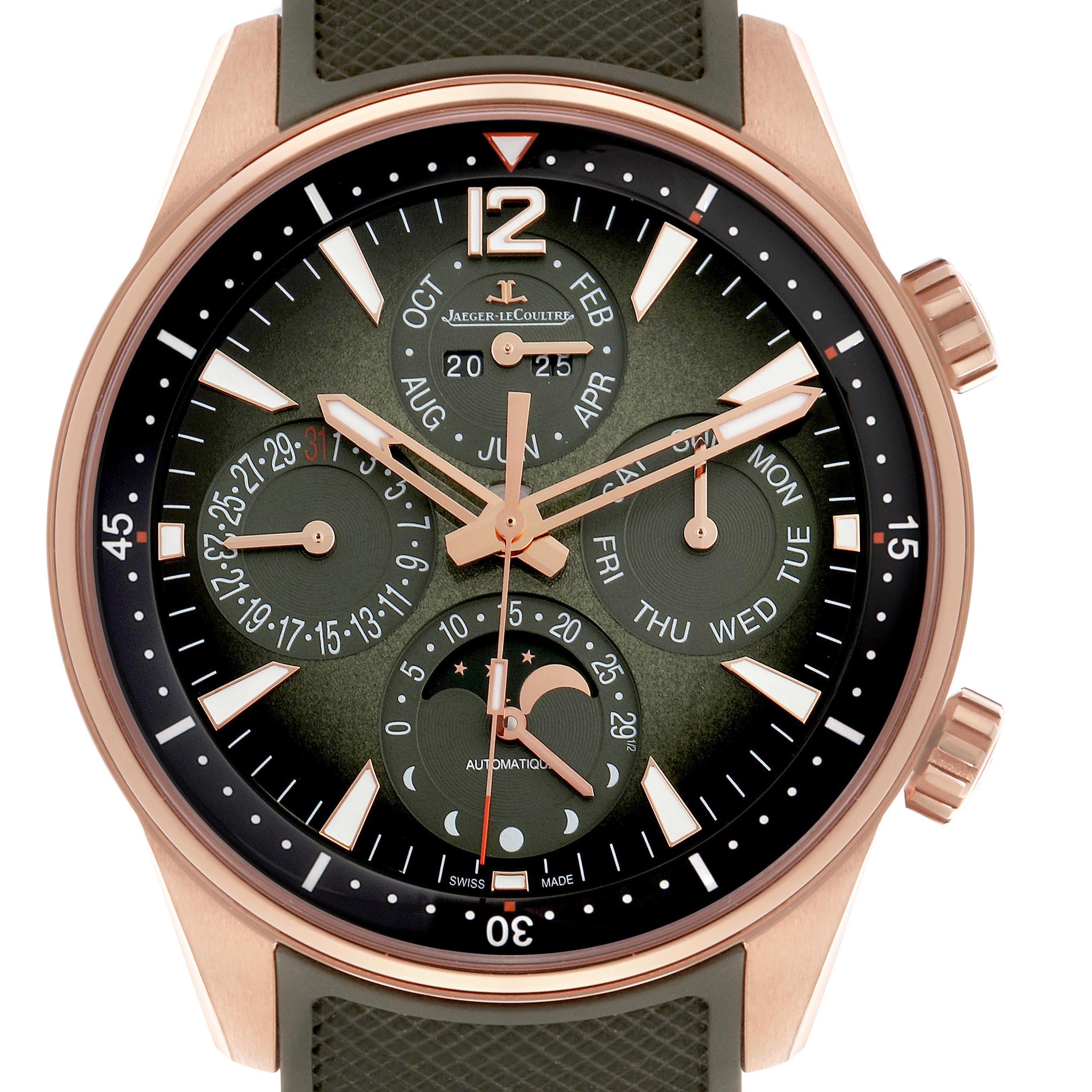 The Jaeger-LeCoultre Polaris watch is shown from the front, displaying the dial with multiple complications, including day, date, and month indicators.