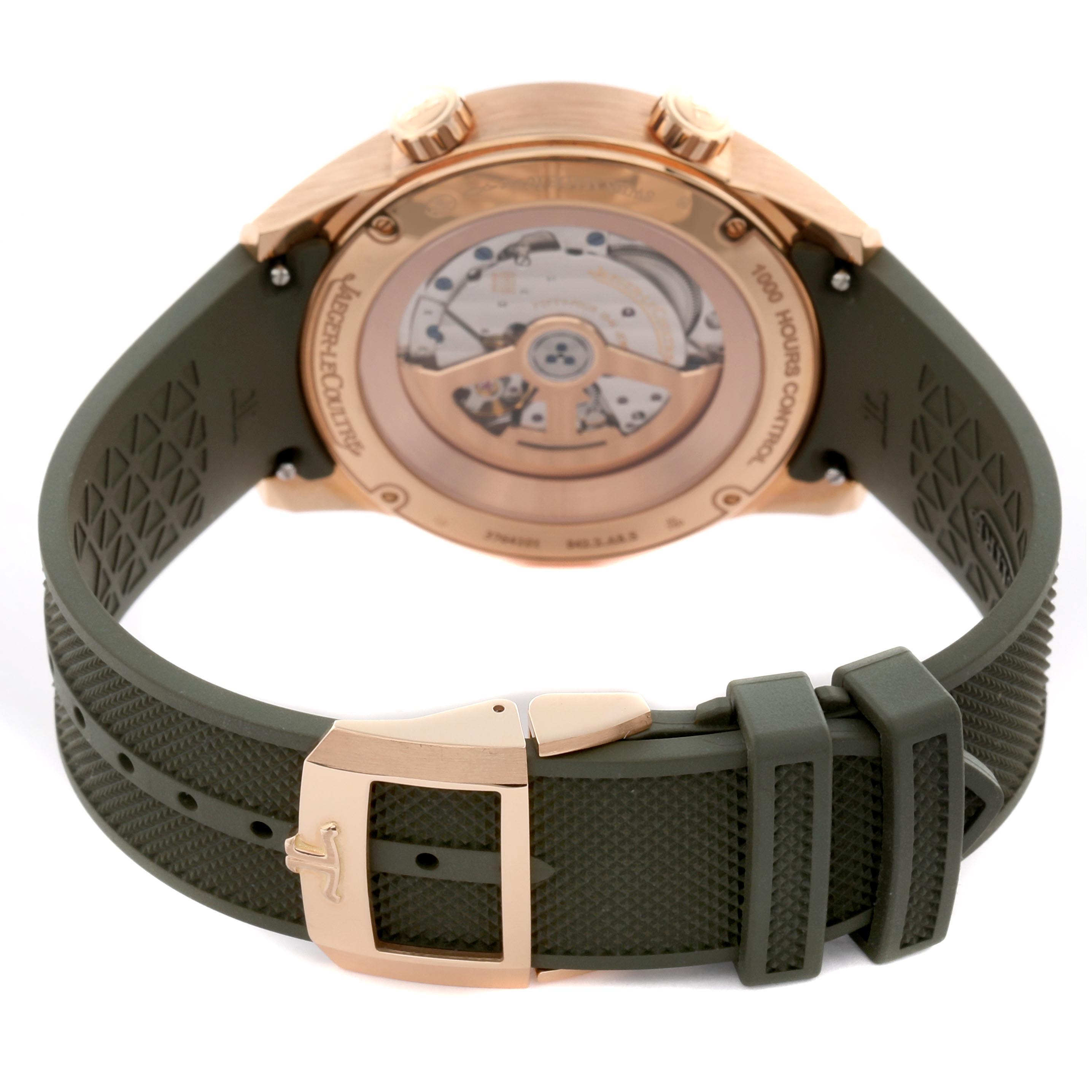 The image shows the back view of the Jaeger LeCoultre Polaris Q908263J/842.2.A8.S Men
s Rose Gold Green Dial Q908263J/842.2.A8.S Men
s Rose Gold Green Dial watch, highlighting the transparent case back and green strap with buckle.