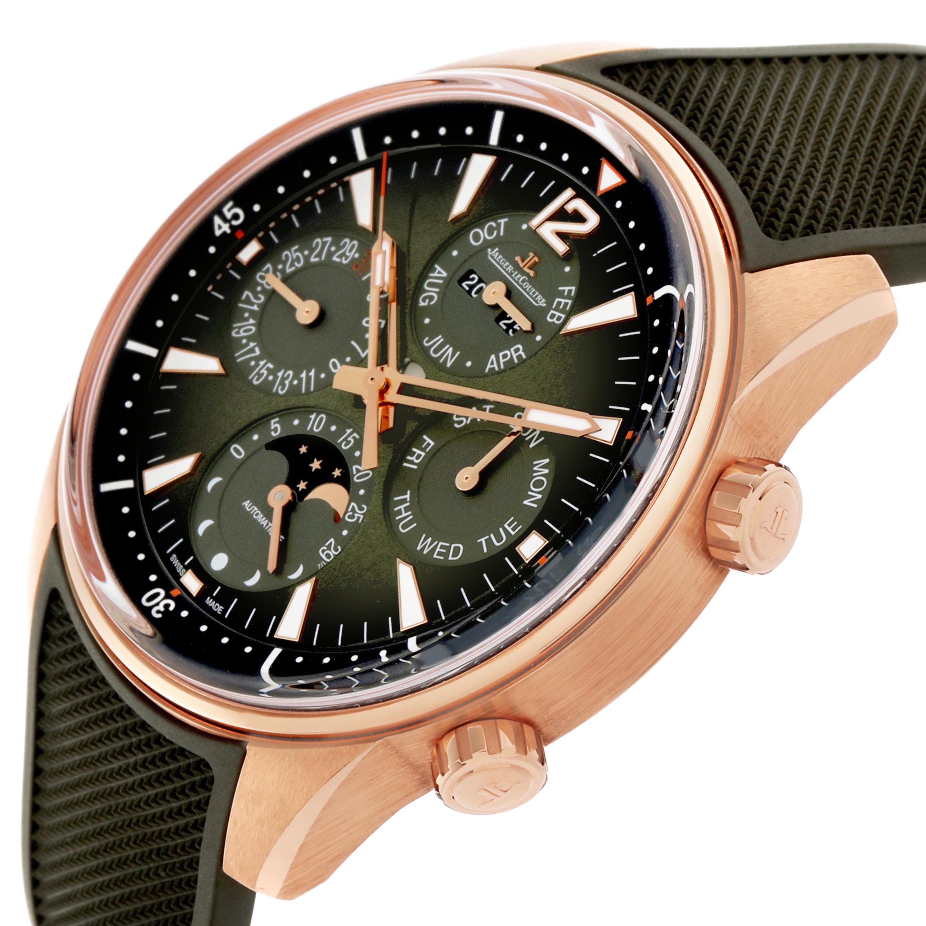 The Jaeger LeCoultre Polaris Q908263J/842.2.A8.S Men
s Rose Gold Green Dial Q908263J/842.2.A8.S Men
s Rose Gold Green Dial watch is shown at an angled side view, highlighting the crown, pushers, and detailed face.