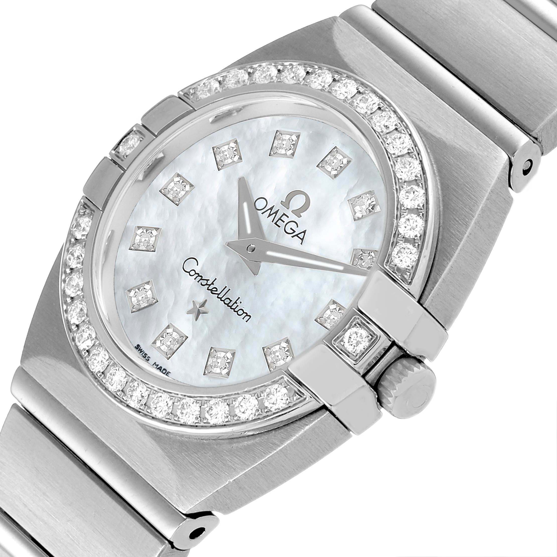 This image shows an Omega 123.15.24.60.57.001 Women
s Stainless Steel Mother of Pearl Dial 123.15.24.60.57.001 Women
s Stainless Steel Mother of Pearl Dial Constellation 24 MOP Diamond Ladies Watch 123.15.24.60.05.001 from a close-up angle.