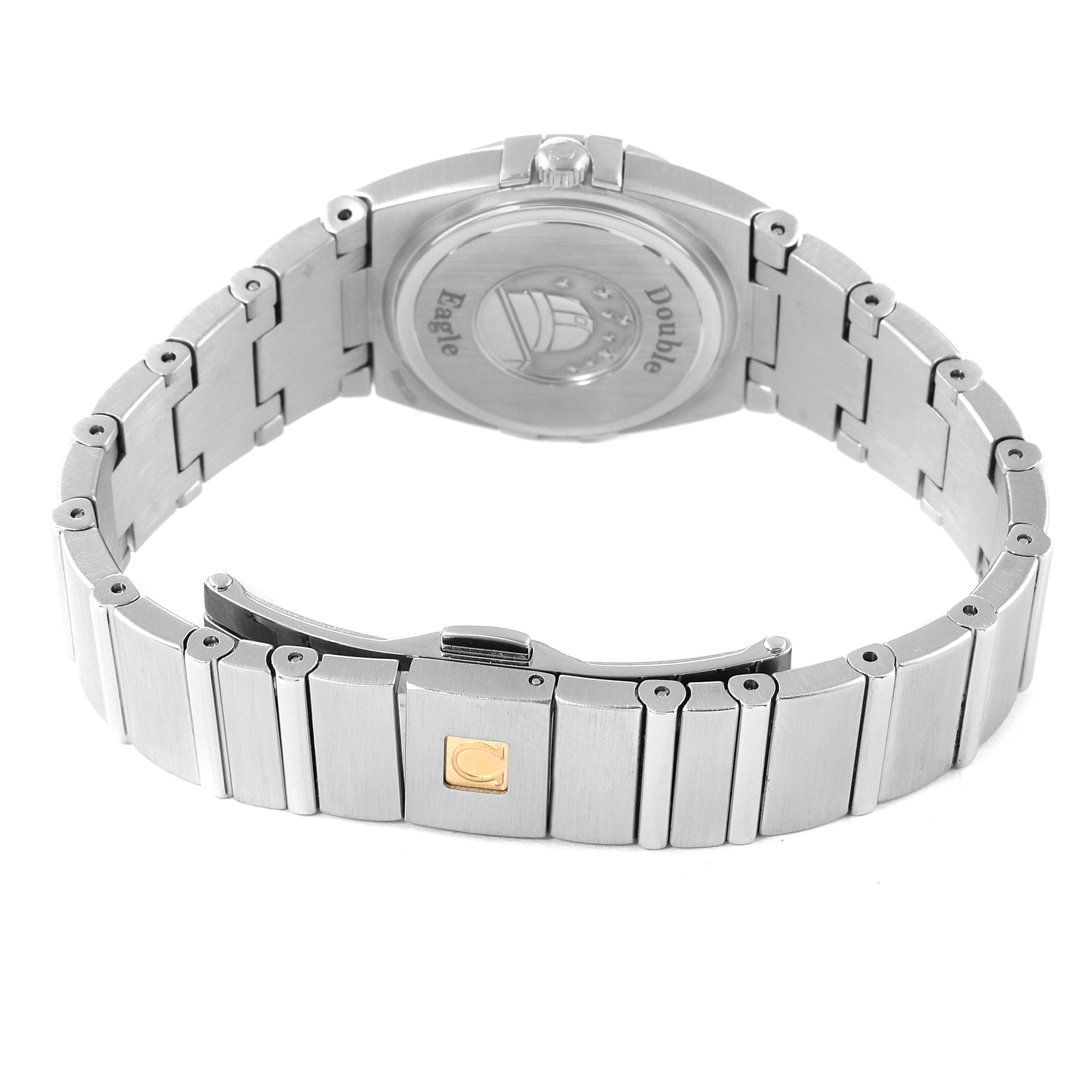 The image shows the back view and bracelet of the Omega 123.15.24.60.57.001 Women
s Stainless Steel Mother of Pearl Dial 123.15.24.60.57.001 Women
s Stainless Steel Mother of Pearl Dial Constellation 24 MOP Diamond Ladies Watch model 123.15.24.60.05.001.