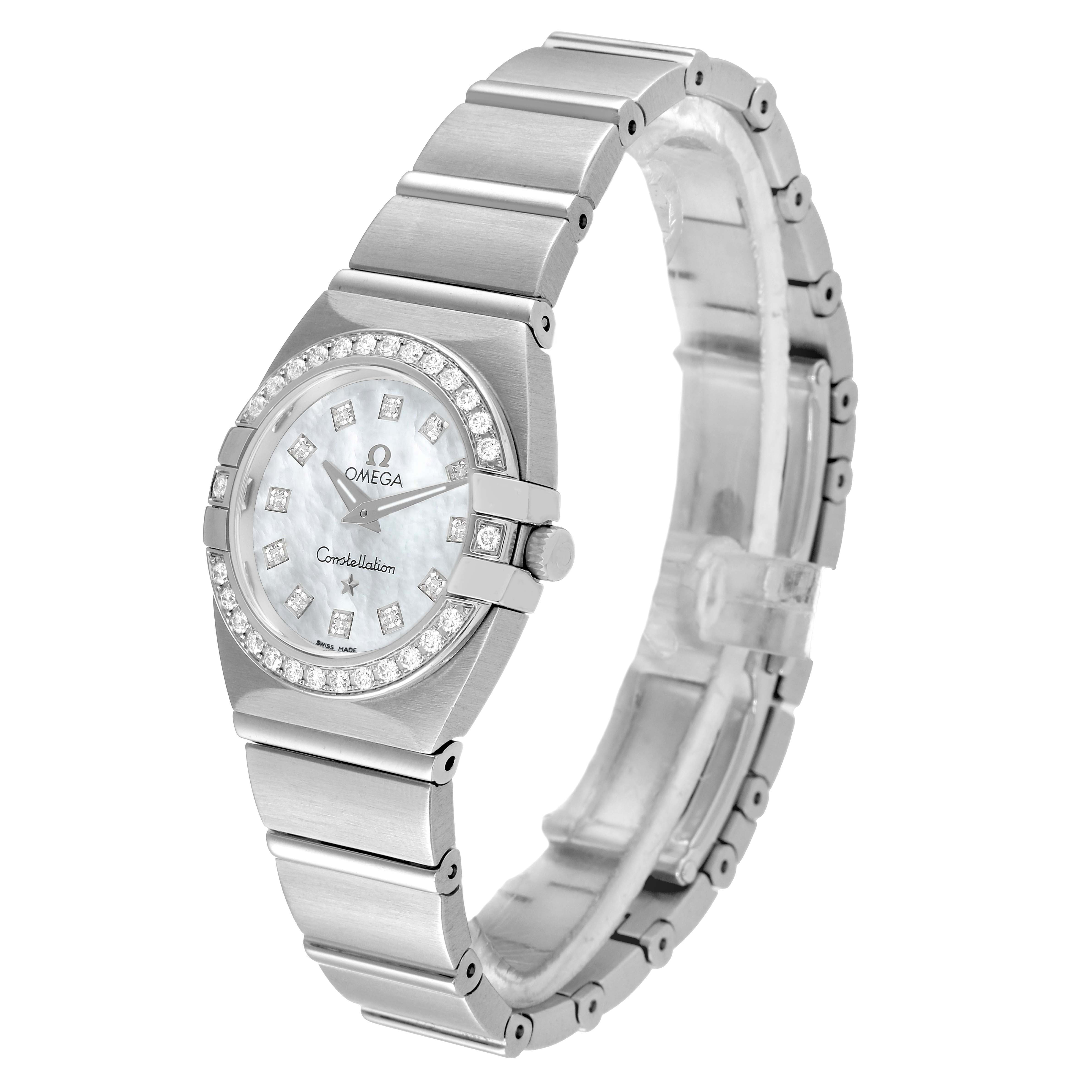 The Omega 123.15.24.60.57.001 Women
s Stainless Steel Mother of Pearl Dial 123.15.24.60.57.001 Women
s Stainless Steel Mother of Pearl Dial Constellation 24 MOP Diamond Ladies Watch 123.15.24.60.05.001 is shown at a slight angle highlighting the face, bezel, and bracelet.